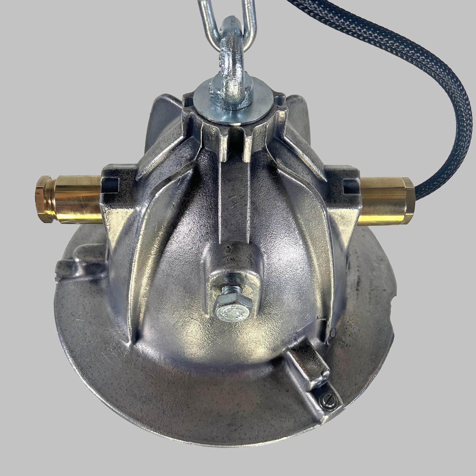 photo furniture 1980's French Legrand Cast Aluminium Explosion Proof Pendant Light Glass Shade