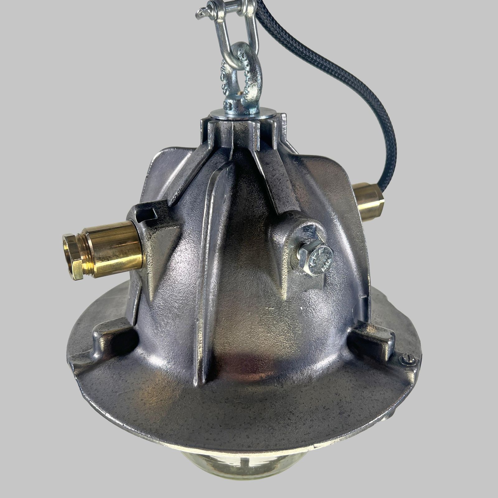 photo for sale 1980's French Legrand Cast Aluminium Explosion Proof Pendant Light Glass Shade