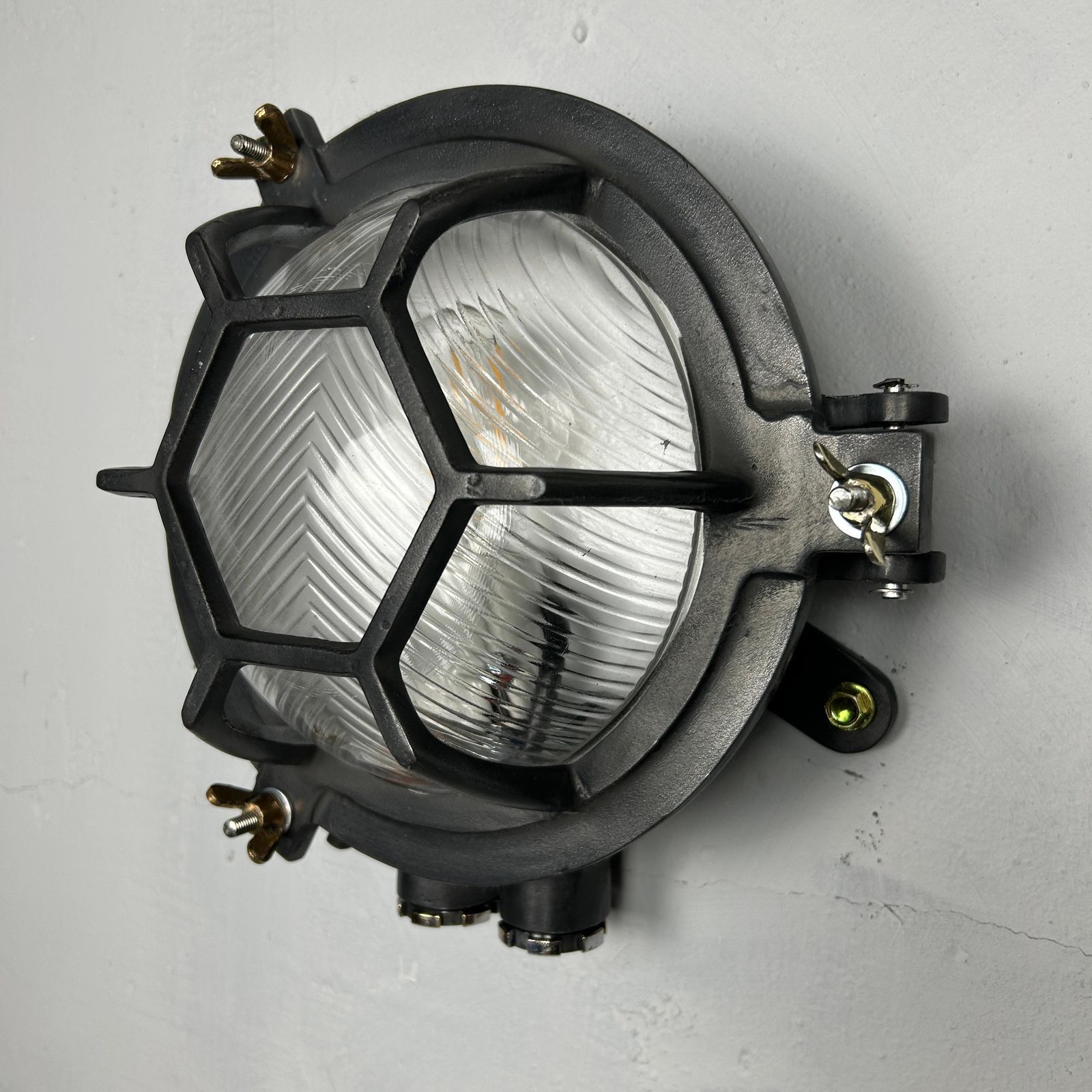 Late Century Cast Circular Wall Light Hex Cage   Reeded Glass & Gun Metal Finish photo 255.0