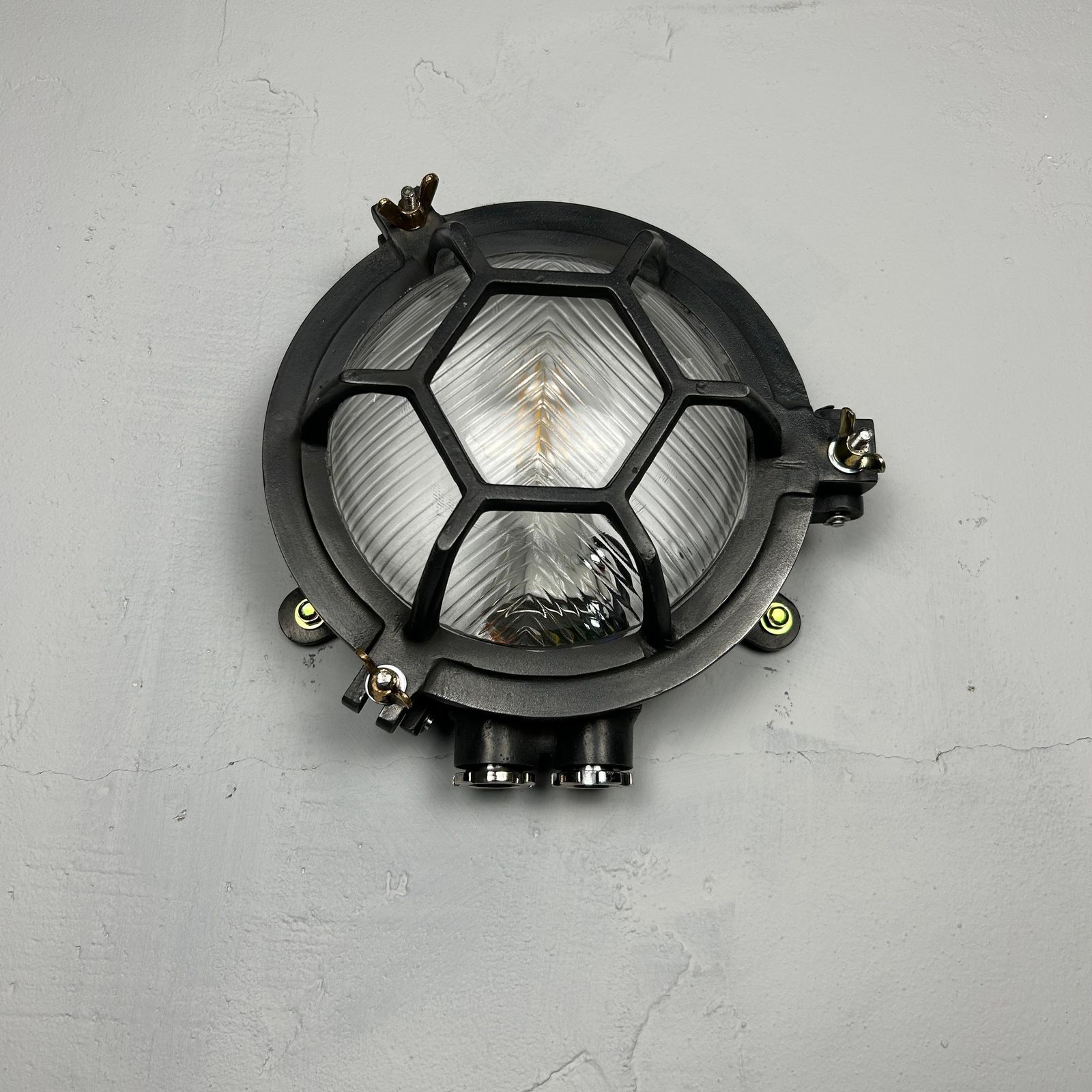 Late Century Cast Circular Wall Light Hex Cage   Reeded Glass & Gun Metal Finish photo vintage