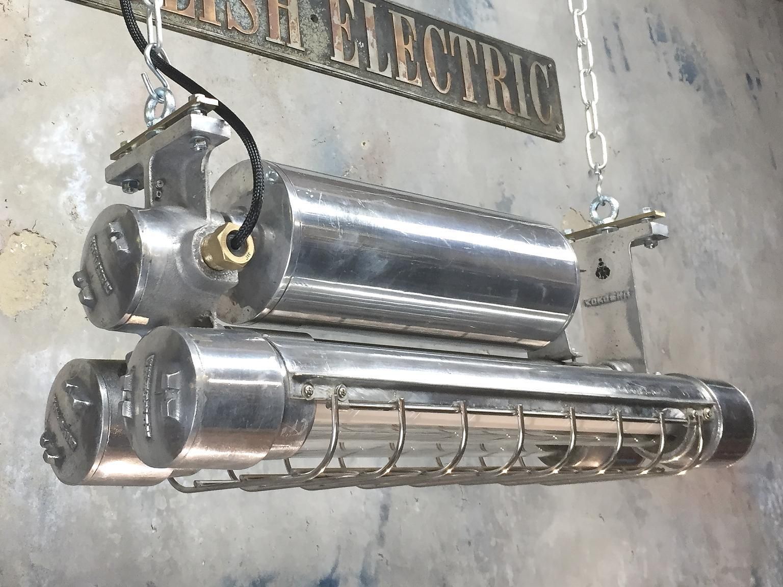 Japanese Aluminum Flameproof Strip Light, Brass Fittings And Chrome Cage photo vintage