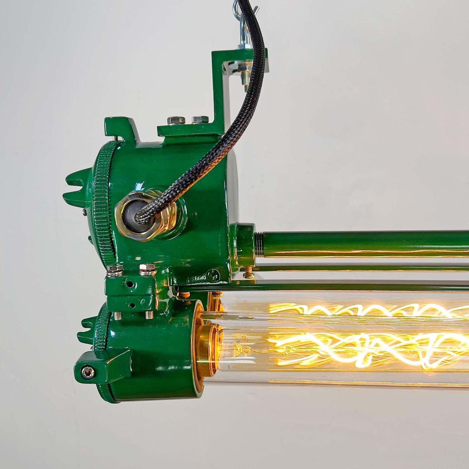 1970's Racing Green Cast Aluminium And Glass Flameproof Edison Tube Light photo vinterior