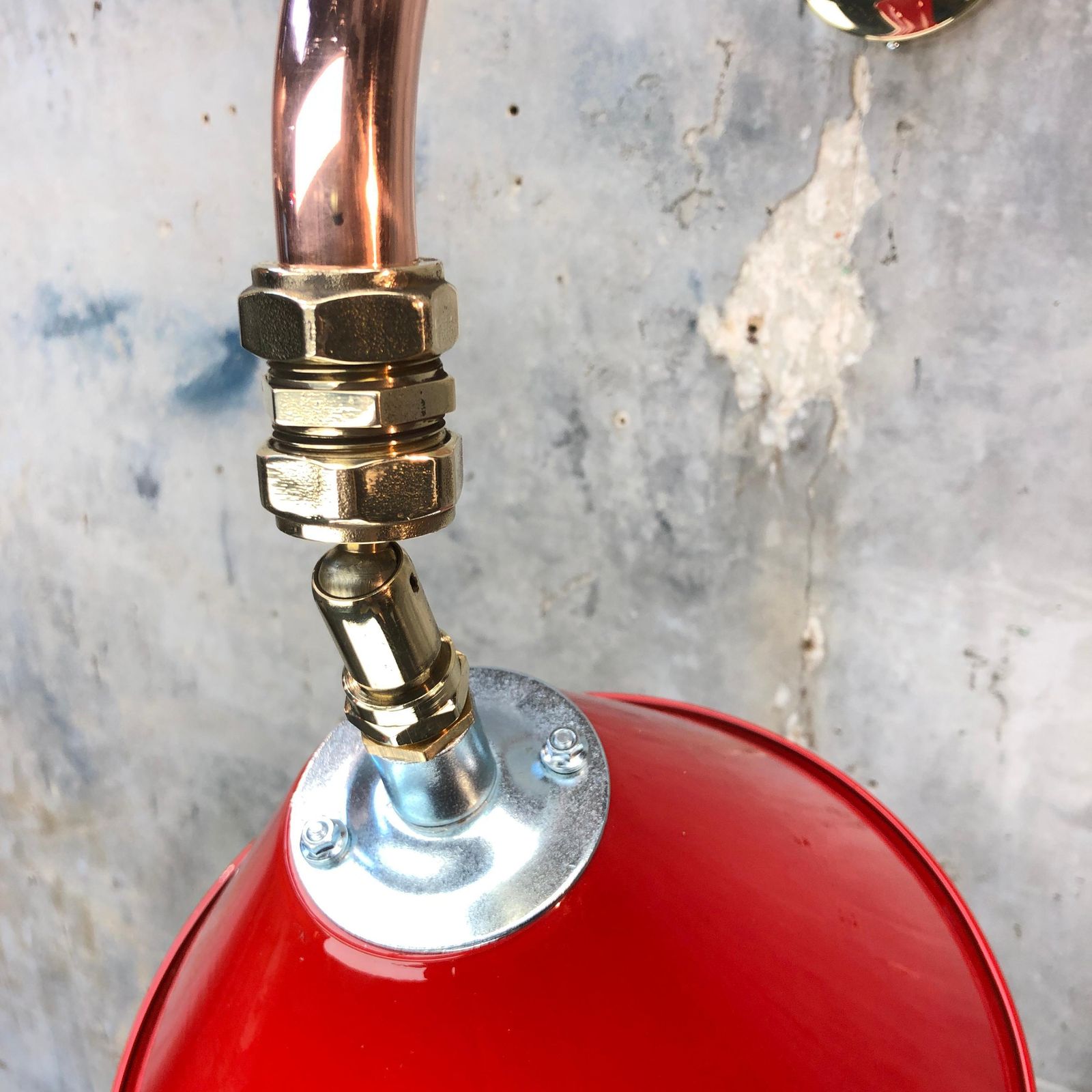 Lighting 1980 British Army Lamp Shade In Red With Copper Cantilever Wall Lamp Edison Bulb photo