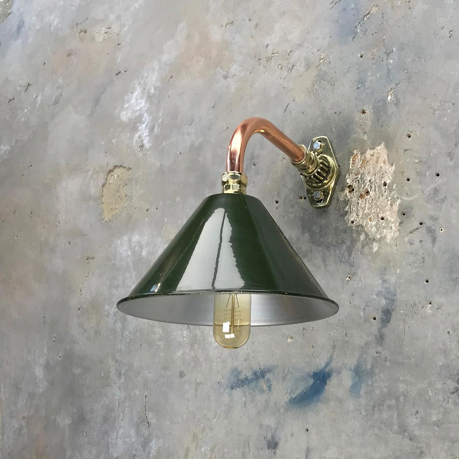 Lighting 1980s Ex British Army Light Shade / Copper And Brass Cantilever, Original Green photo