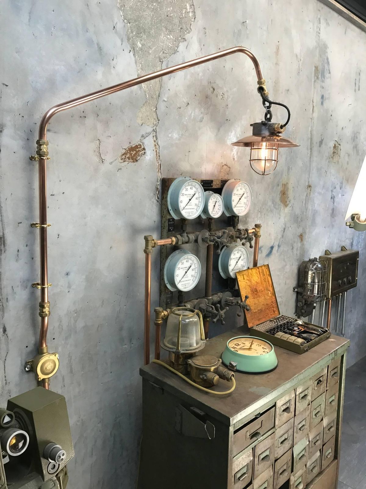 photo furniture 1970s Japanese Copper & Iron Cantilever Wall Light With Brass Fittings & Cage