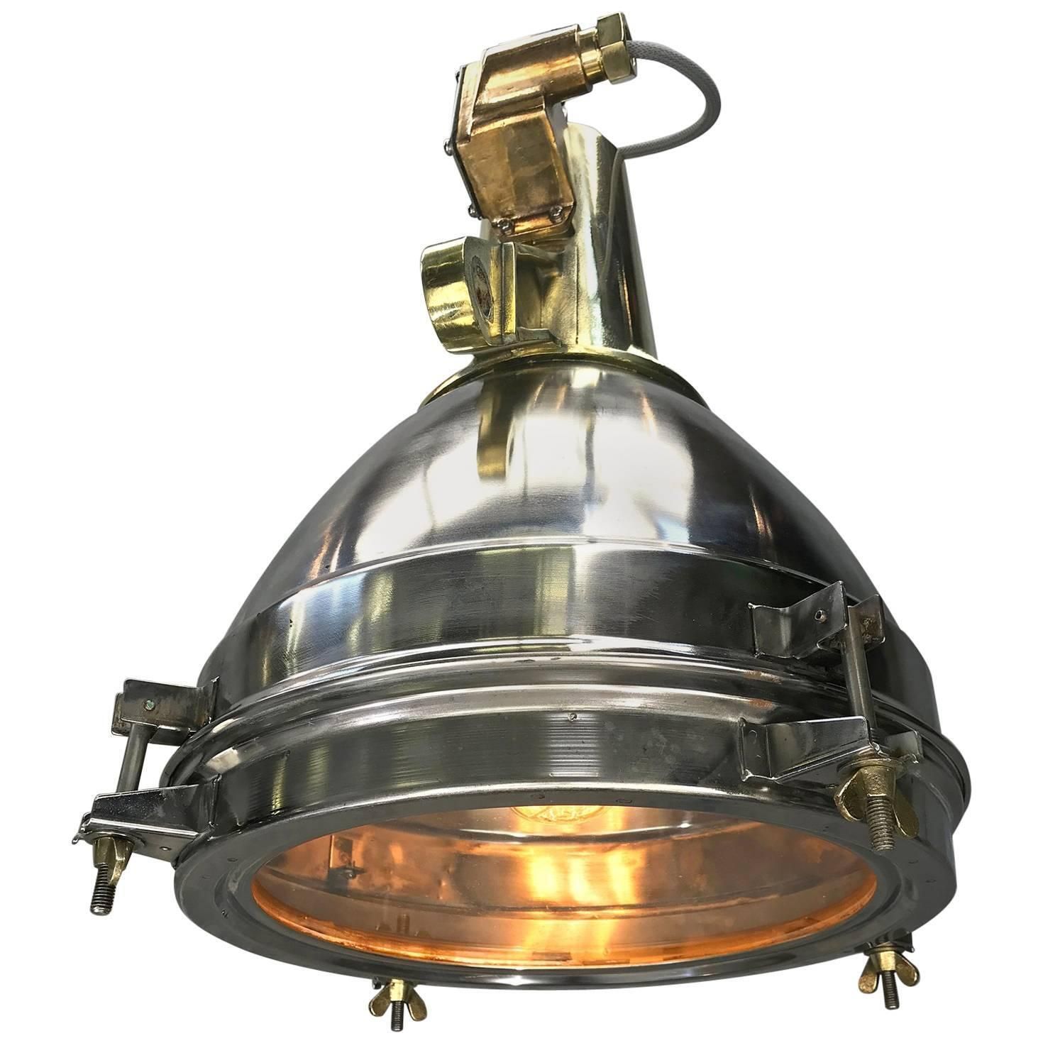 1970s Japanese Large Stainless Steel, Cast Brass And Bronze Search Light Pendant