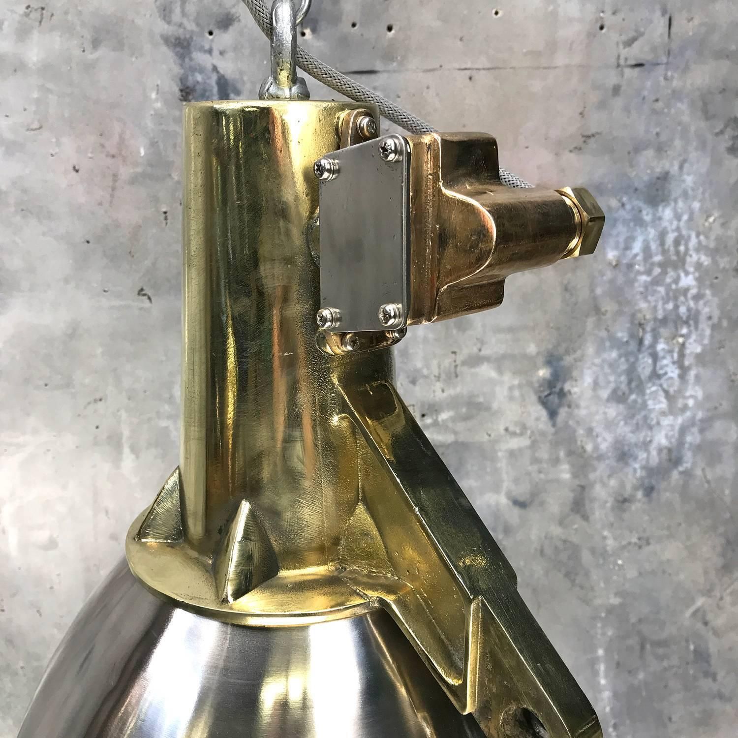 1970s Japanese Large Stainless Steel, Cast Brass And Bronze Search Light Pendant photo vinterior