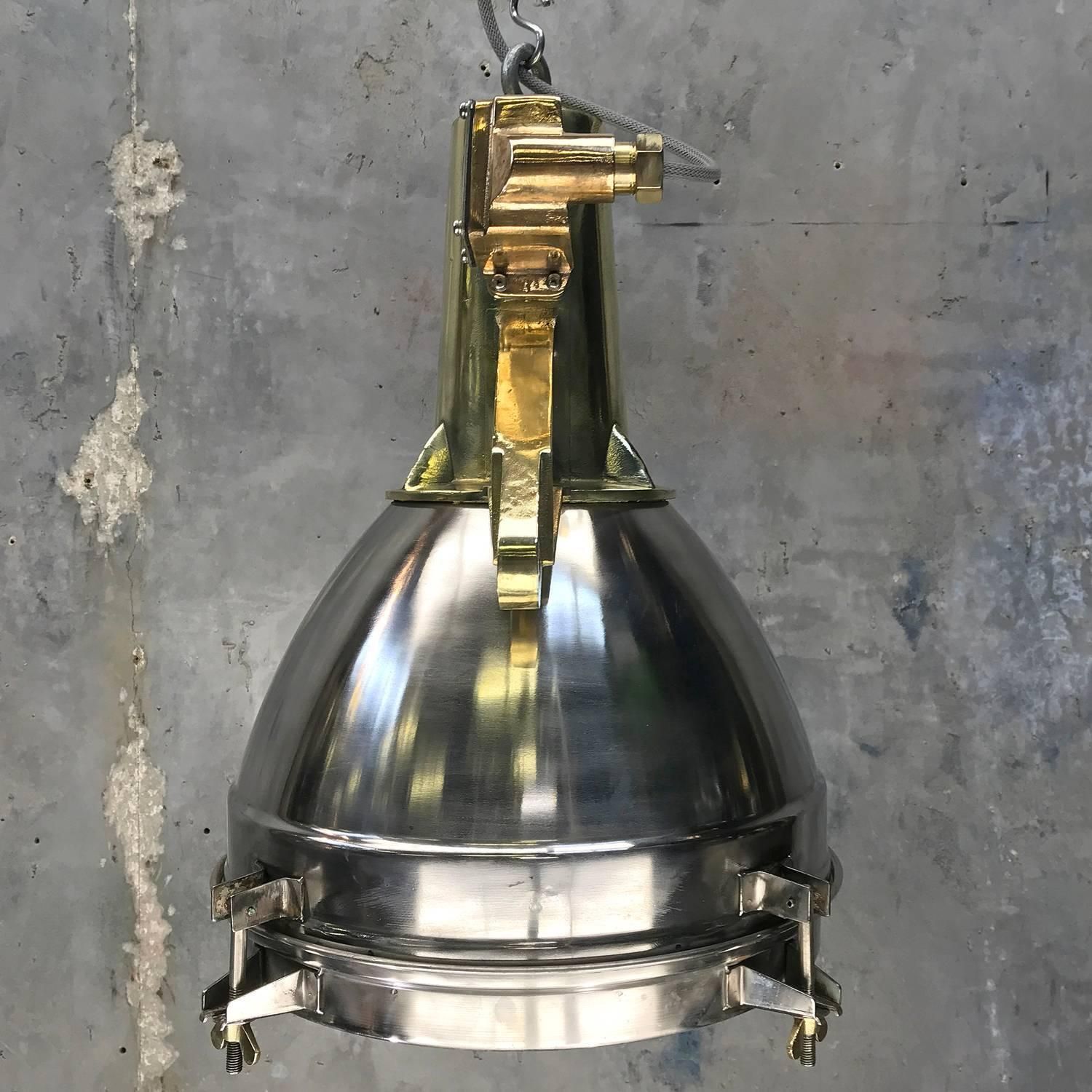 1970s Japanese Large Stainless Steel, Cast Brass And Bronze Search Light Pendant photo buy