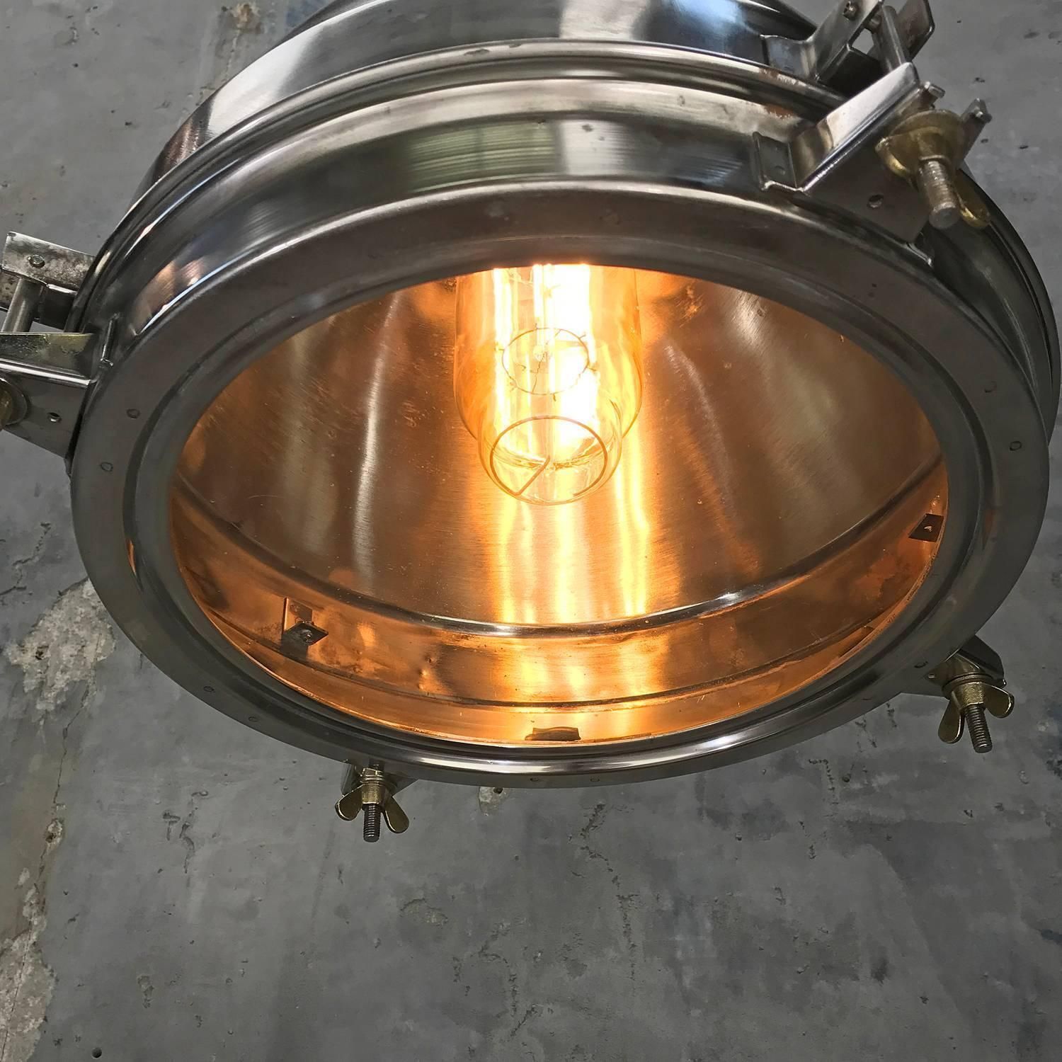 photo buy 1970s Japanese Large Stainless Steel, Cast Brass And Bronze Search Light Pendant