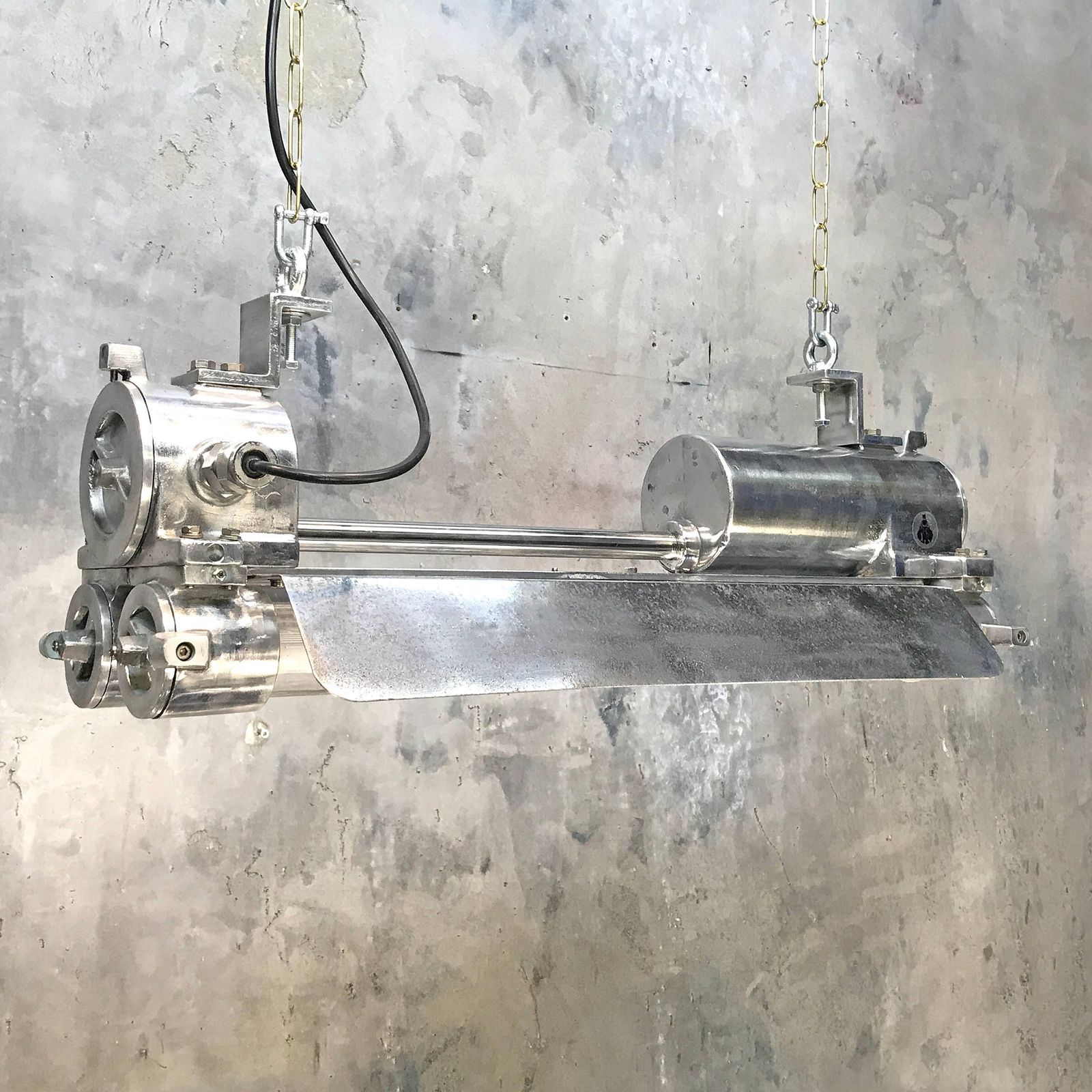 Mid Late Century Industrial Aluminium, Brass And Glass Flame Proof Strip Light photo furniture