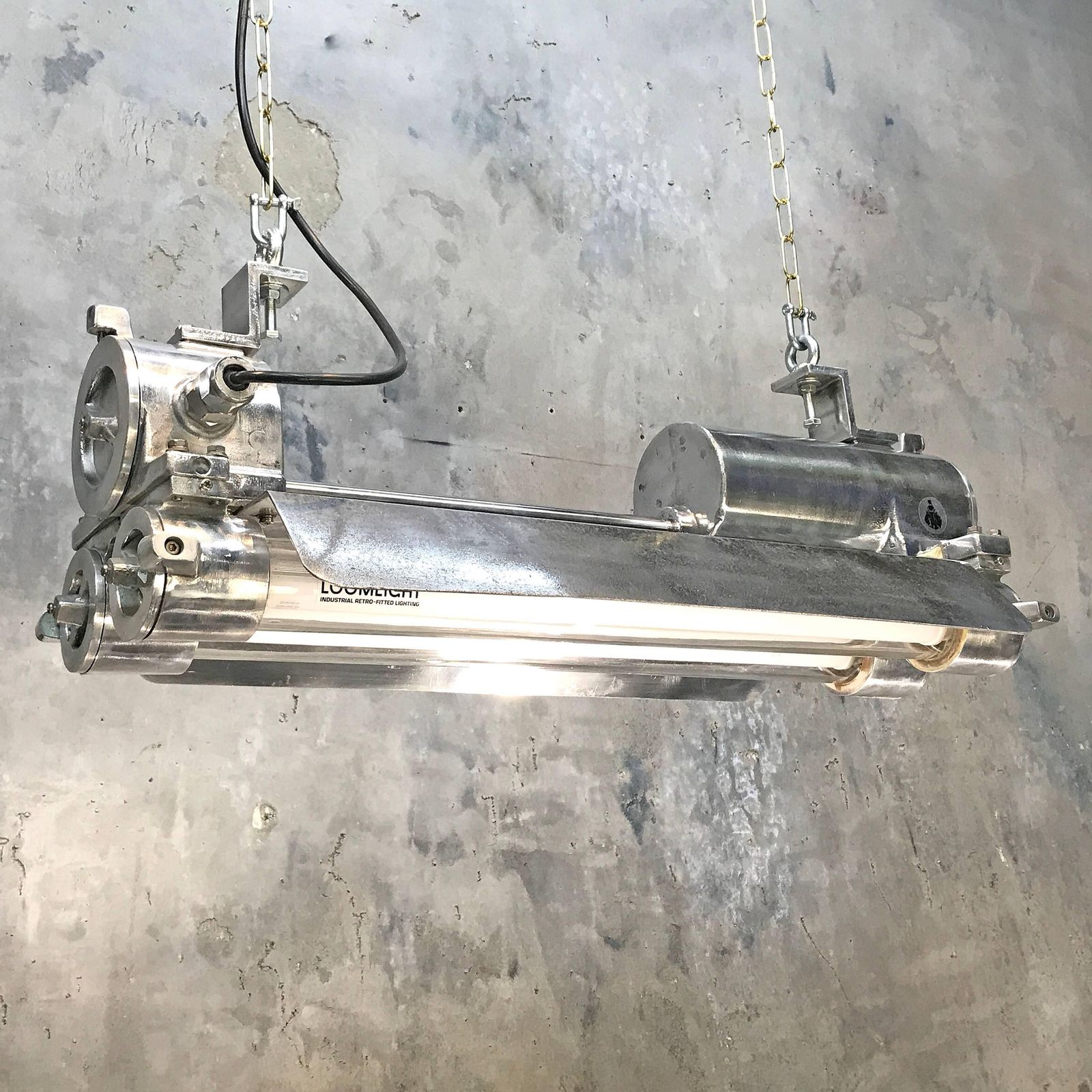 Mid Late Century Industrial Aluminium, Brass And Glass Flame Proof Strip Light photo for sale