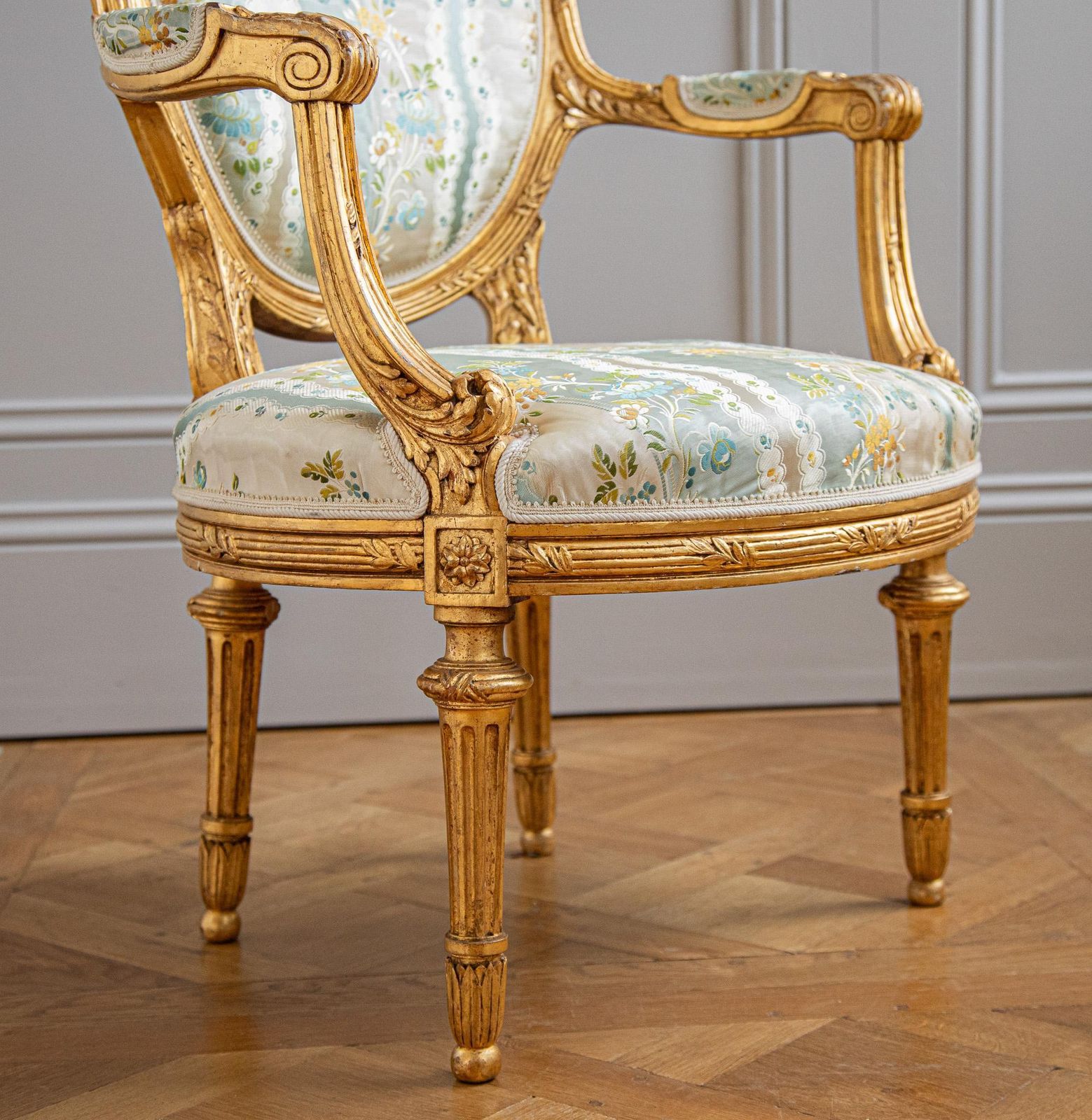 French Louis XVI Style Giltwood Armchair & Foot Stool, Circa Late 1800's photo vinterior