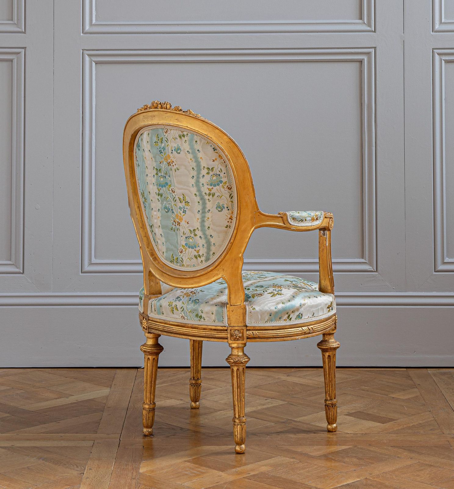 French Louis XVI Style Giltwood Armchair & Foot Stool, Circa Late 1800's photo vintage