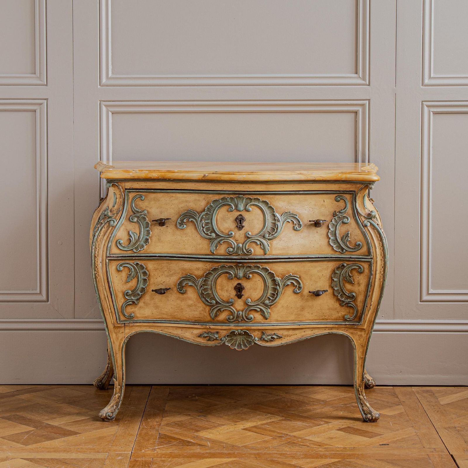 Italian Hand Painted Louis XV Style Bombe Chest, Circa Mid 1900's photo furniture