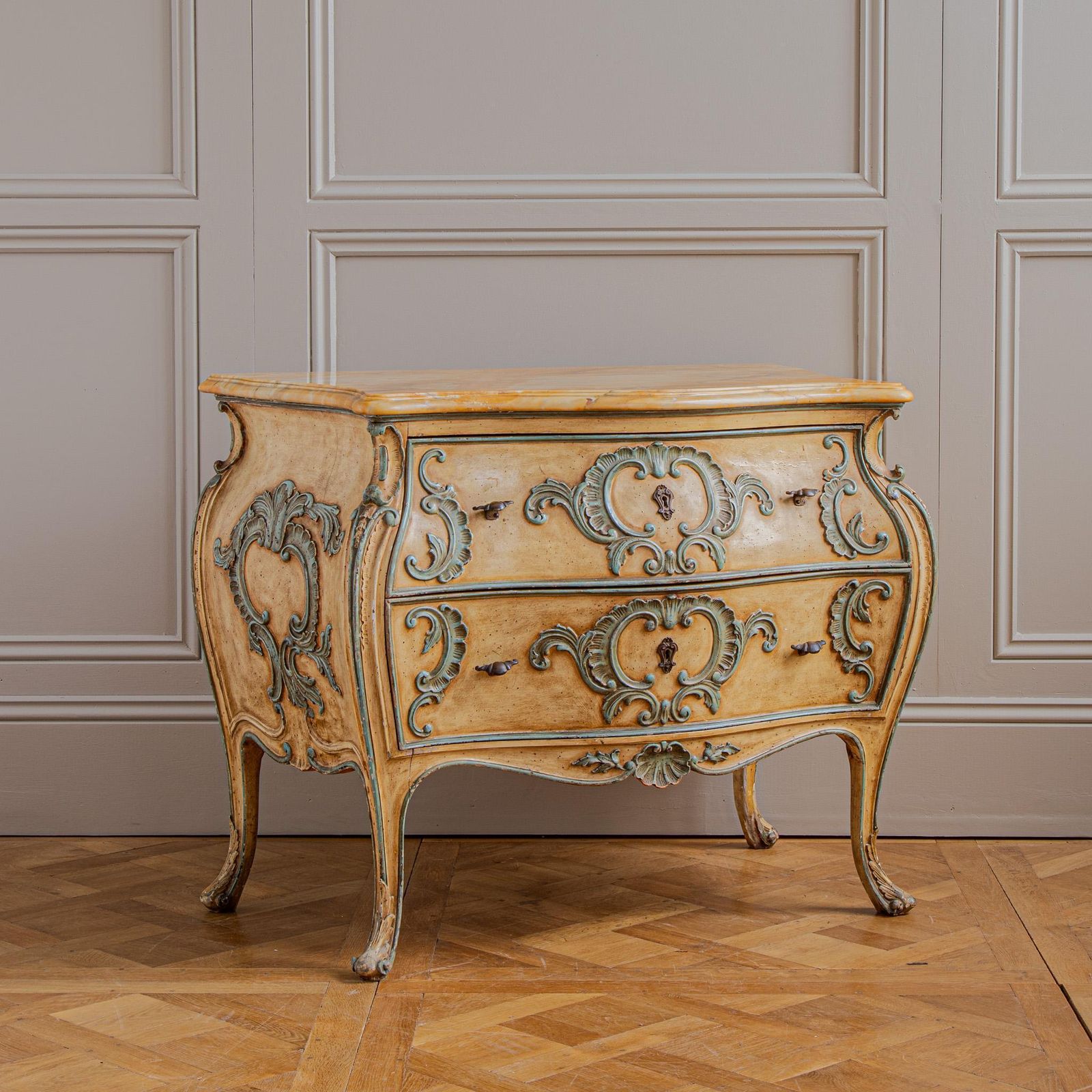 Italian Hand Painted Louis XV Style Bombe Chest, Circa Mid 1900's photo vintage
