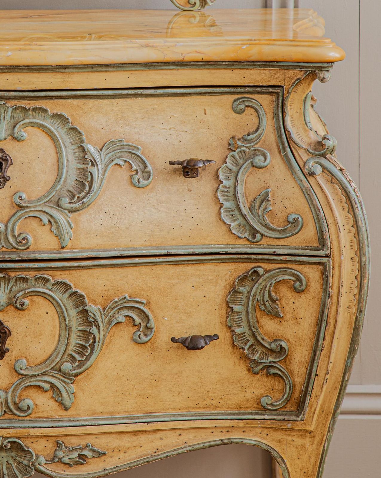 photo for sale Italian Hand Painted Louis XV Style Bombe Chest, Circa Mid 1900's