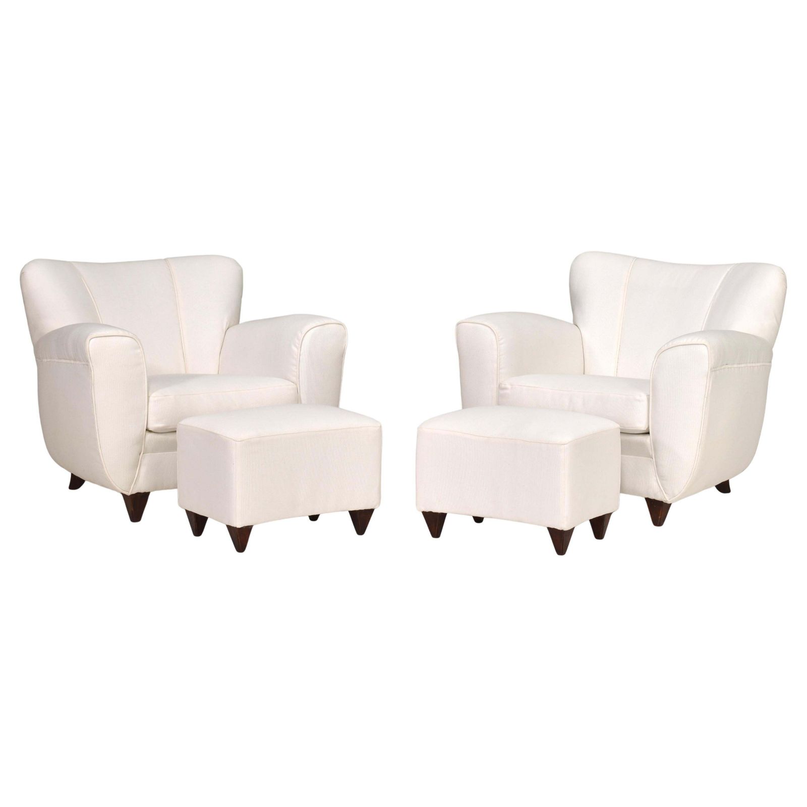 Pair Of Italian Armchairs With Poufs In White Fabric – Italy, Circa 1940s
