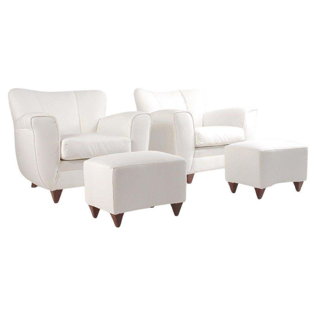 Pair Of Italian Armchairs With Poufs In White Fabric – Italy, Circa 1940s photo furniture
