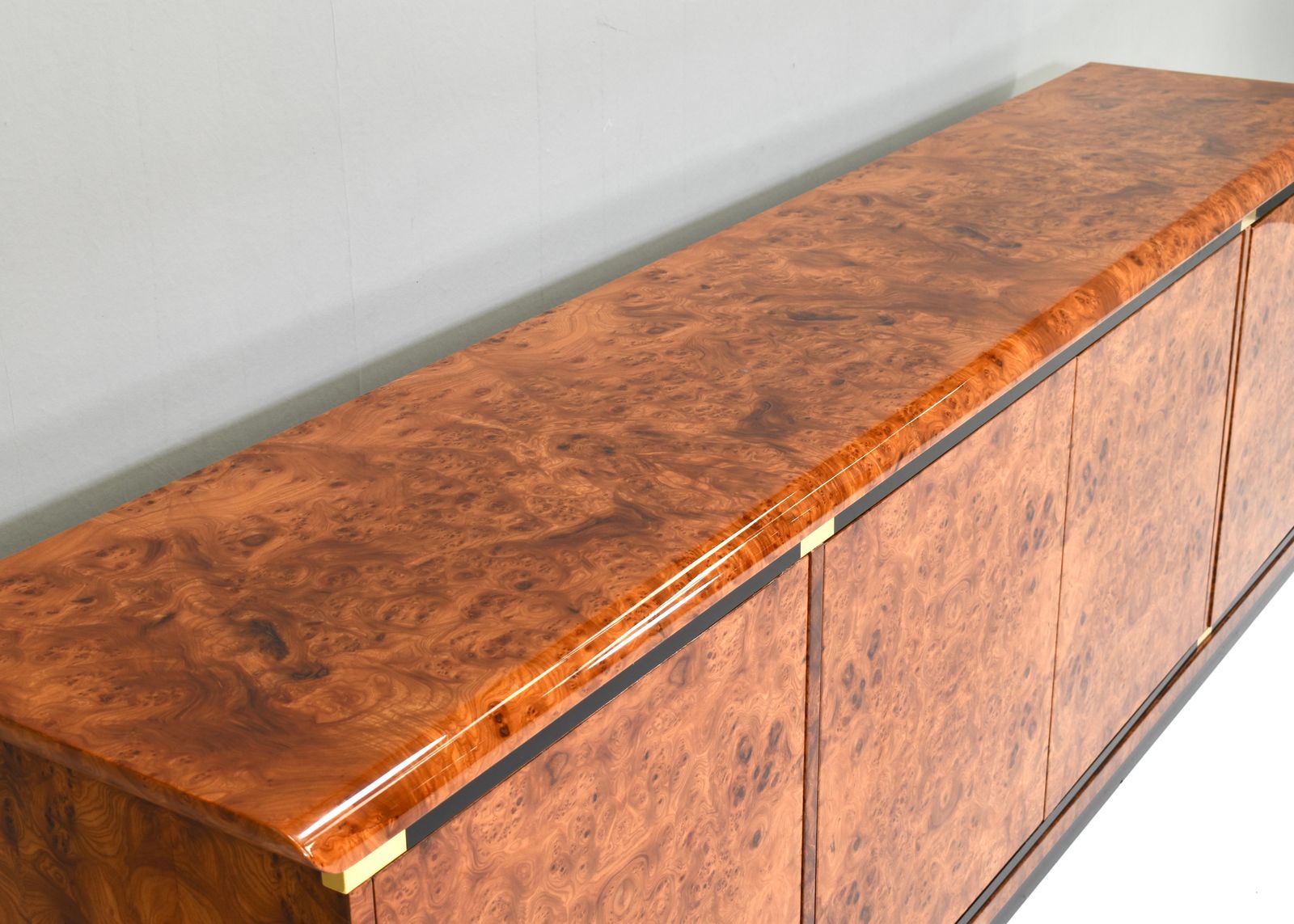 photo for sale Italian Sideboard In Burlwood And Brass Details By Glam Furniture Italy, 1970's
