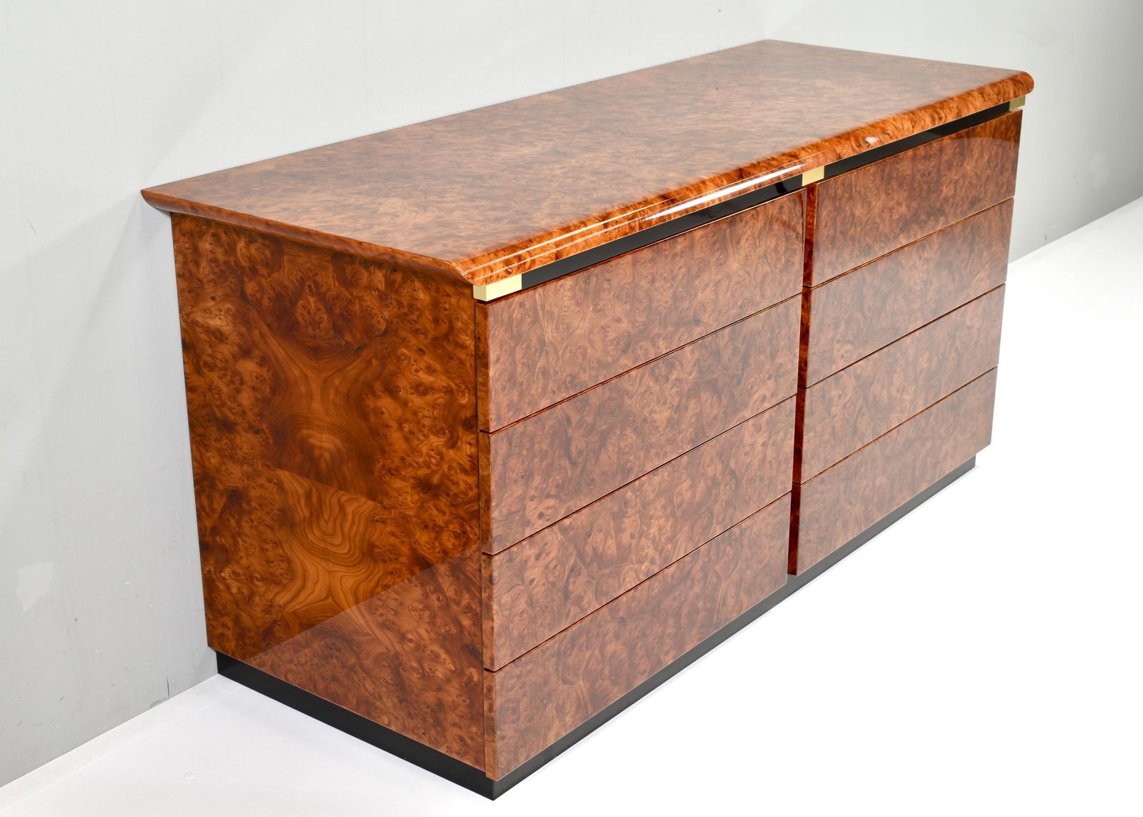 Italian Drawer Credenza In High Gloss Burl And Brass, Italy   1970's photo furniture