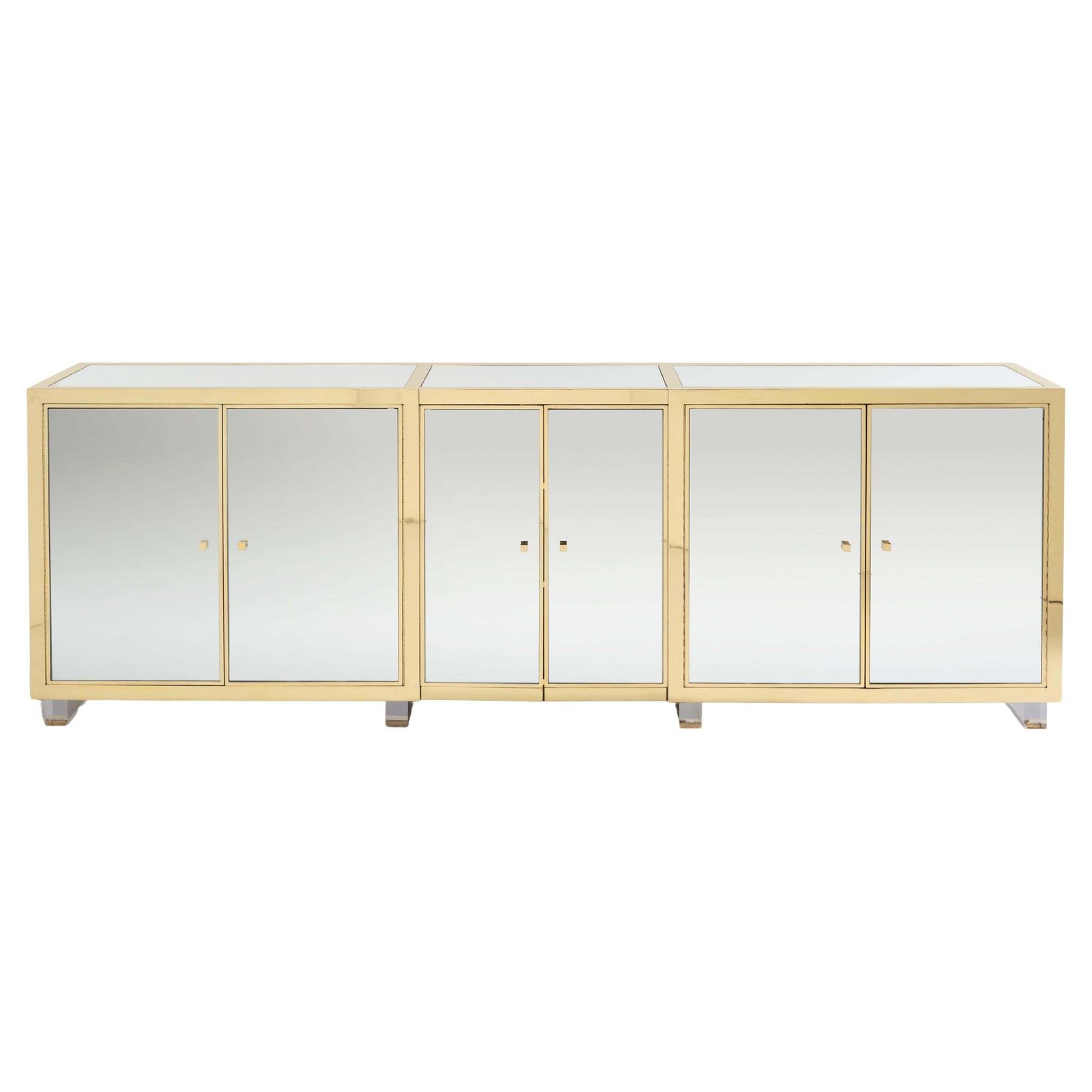 Enfilade Michel Pigneres en laiton, miroirs et pieds en lucite, années 1970