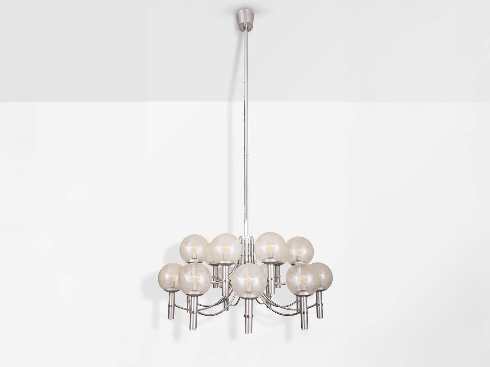 photo for sale Paire de lustres véronais uniques, acier et verre de Murano, 65 pouces, 1970