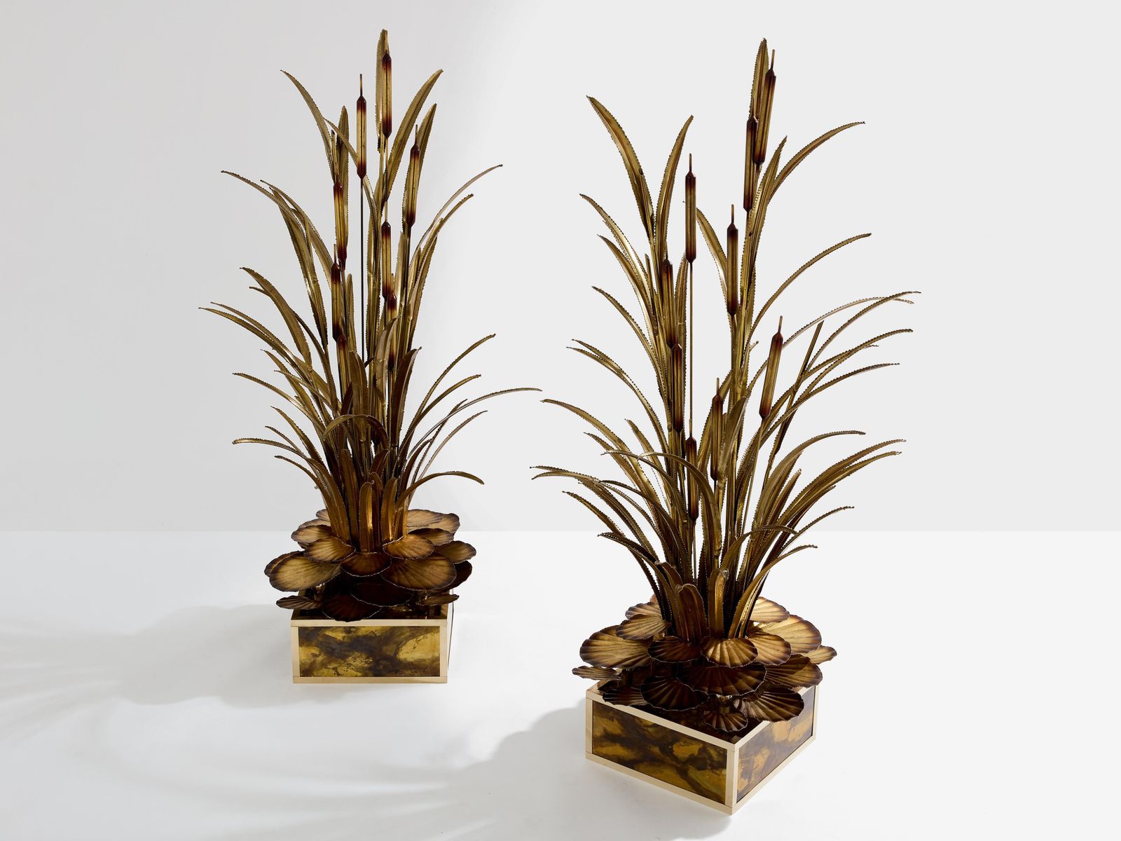 Maison Jansen Pair Of Brass Reeds Water Lilies Floor Lamps 1970s photo for sale