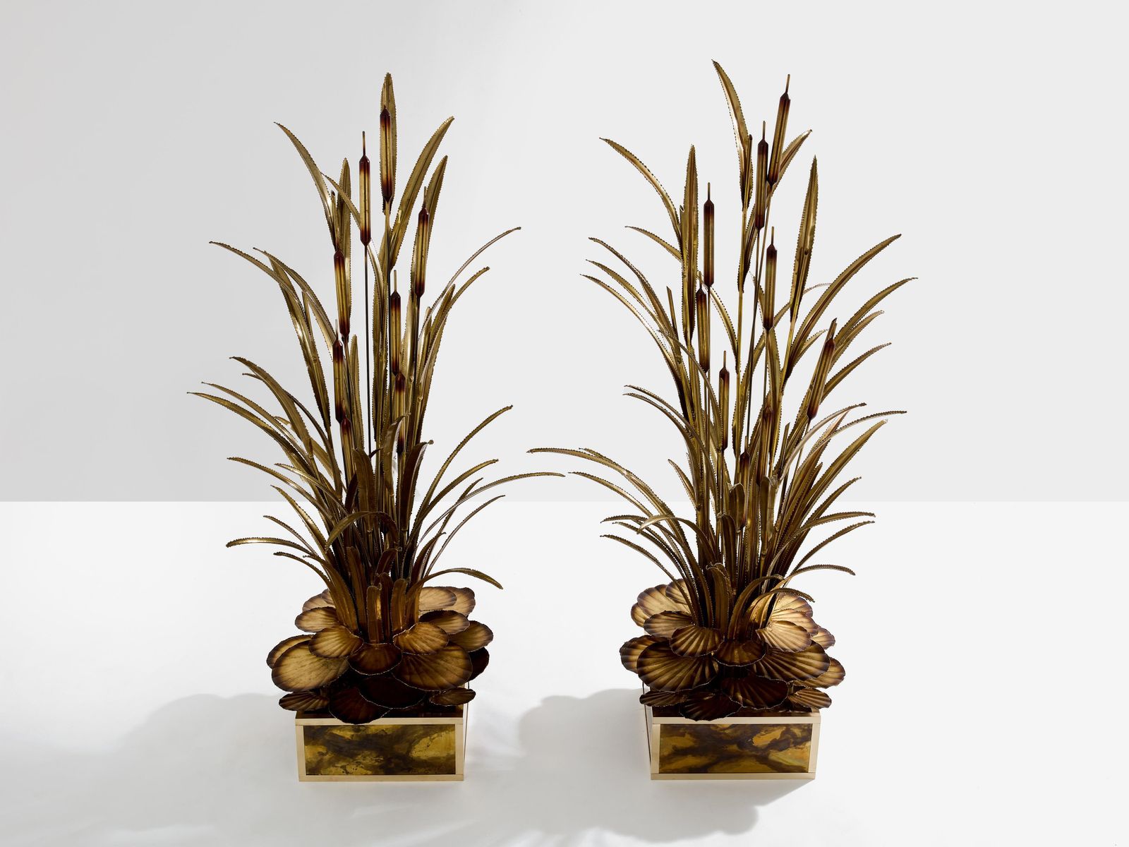 Maison Jansen Pair Of Brass Reeds Water Lilies Floor Lamps 1970s photo 45533.0