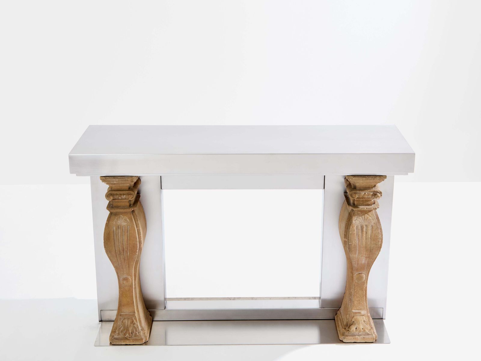 photo for sale Maison Jansen Fireplace Mantel Brushed Steel And Carved Stone 1968