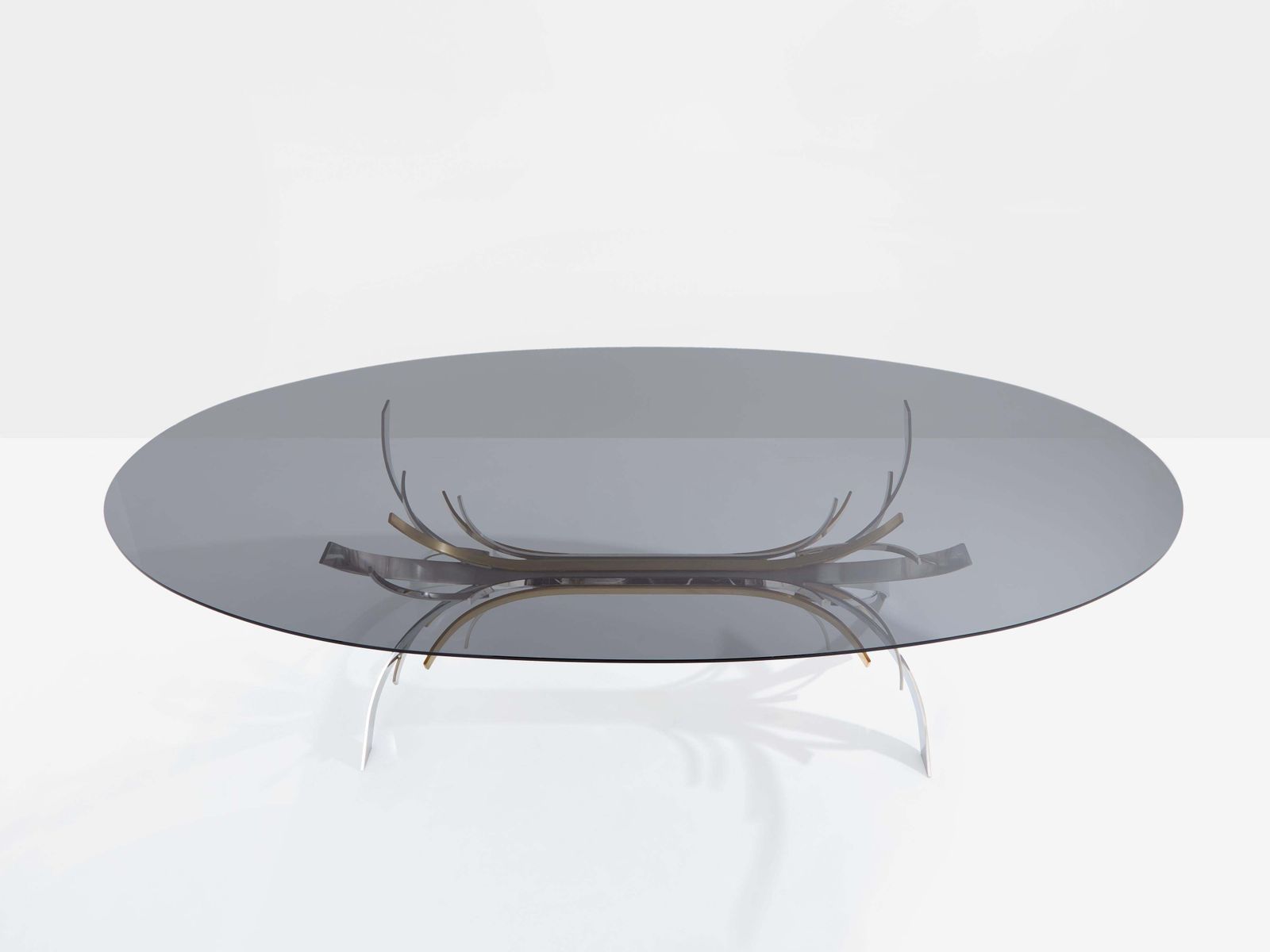 Table à manger Maria Pergay en acier poli et laiton, modèle Gerbe, 1970 photo Mobilier