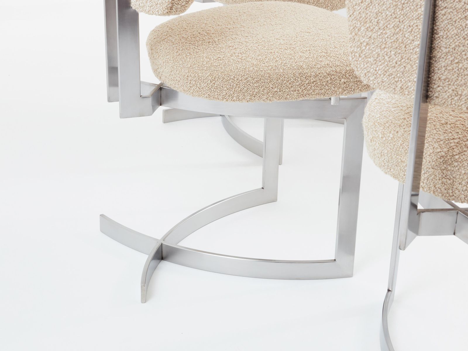 Ensemble de douze chaises Paul Legeard en acier inoxydable et laine bouclé, 1970 photo vintage
