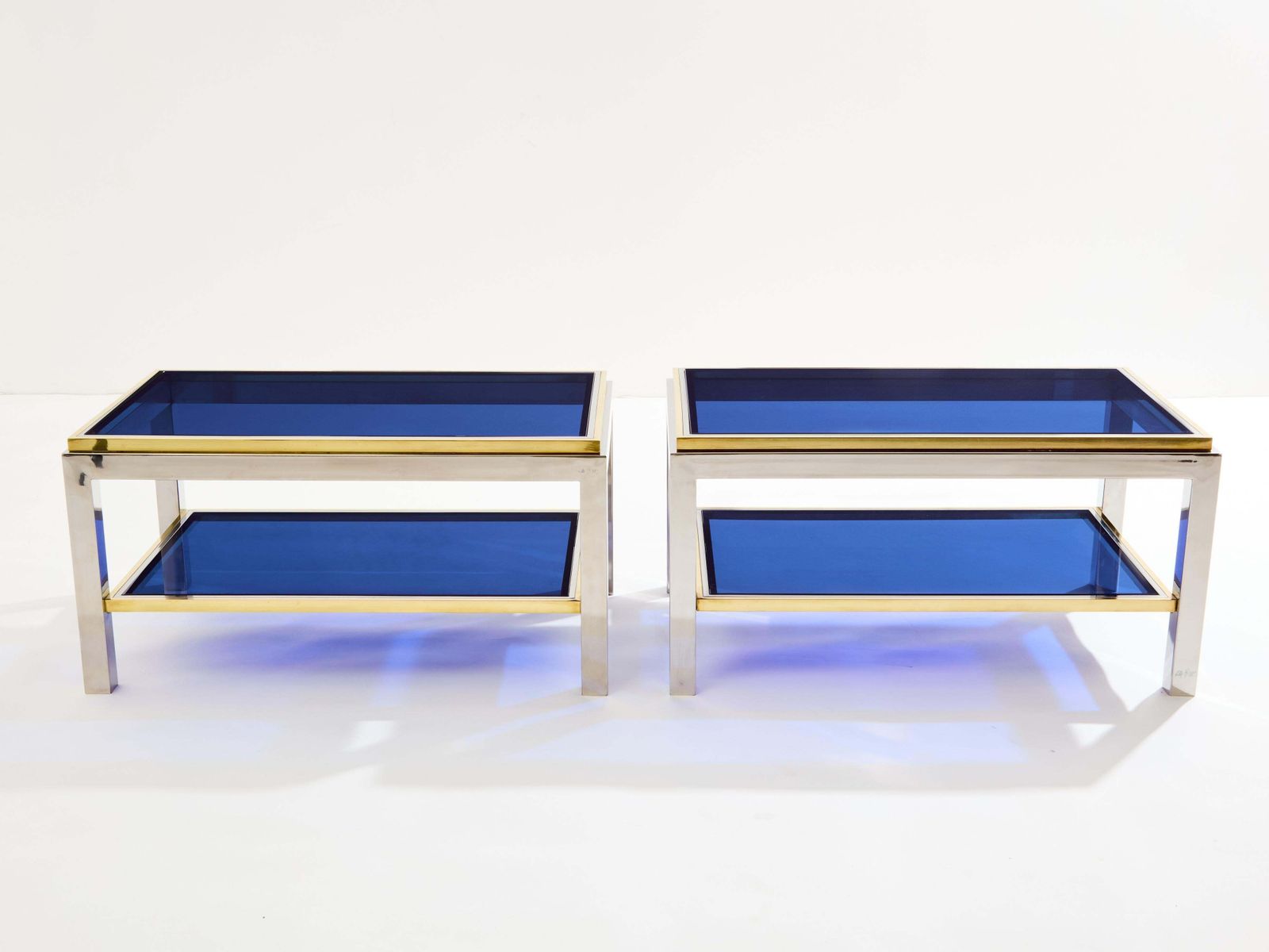 Pair Of Two Tier Brass Chrome Side Tables Willy Rizzo Flaminia 1970s photo furniture