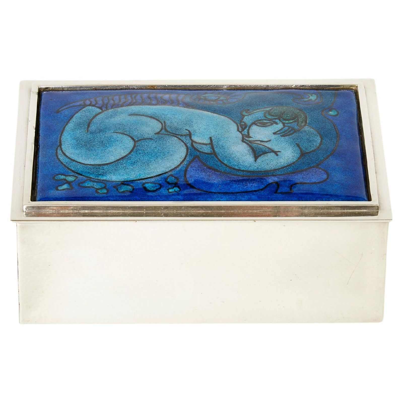Boîte à bijoux Crevillen Paris en céramique bleue émaillée et argentée, 1970