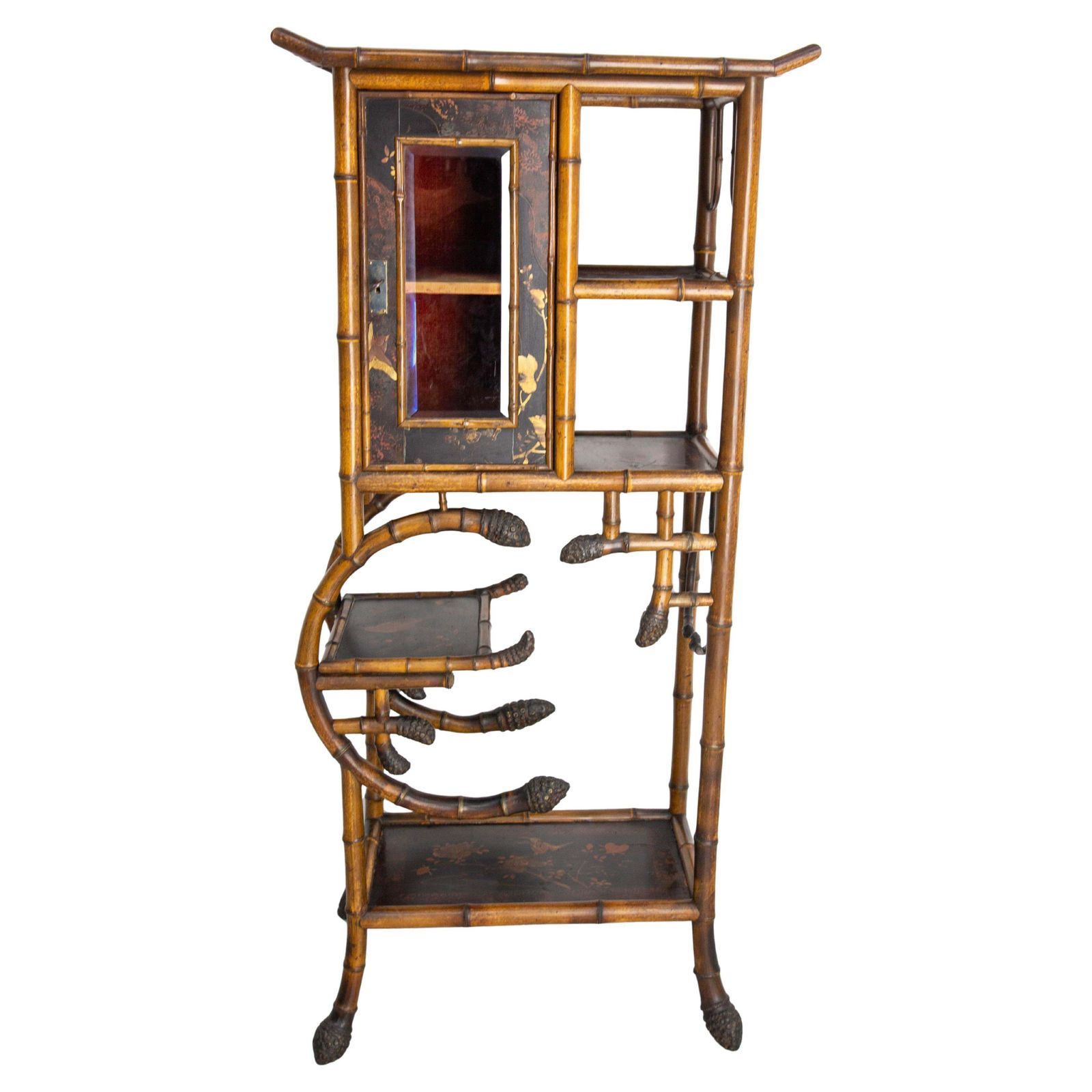 Chinoiserie Lacquered Cabinet & Side Table Faux Bamboo Turned Wood Late 19th C