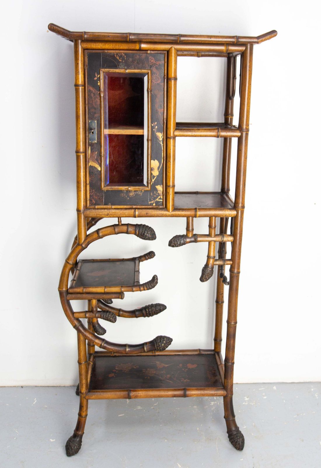 Chinoiserie Lacquered Cabinet & Side Table Faux Bamboo Turned Wood Late 19th C photo furniture