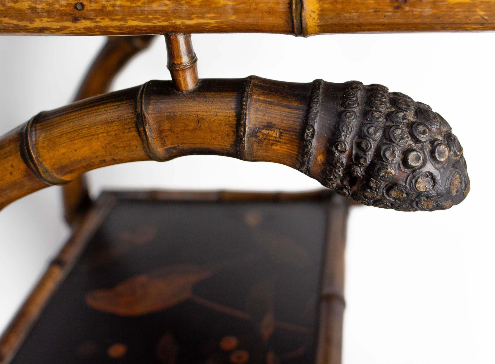 photo furniture Chinoiserie Lacquered Cabinet & Side Table Faux Bamboo Turned Wood Late 19th C