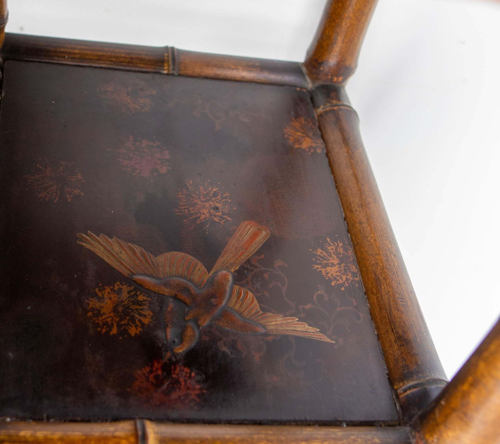 photo vintage Chinoiserie Lacquered Cabinet & Side Table Faux Bamboo Turned Wood Late 19th C