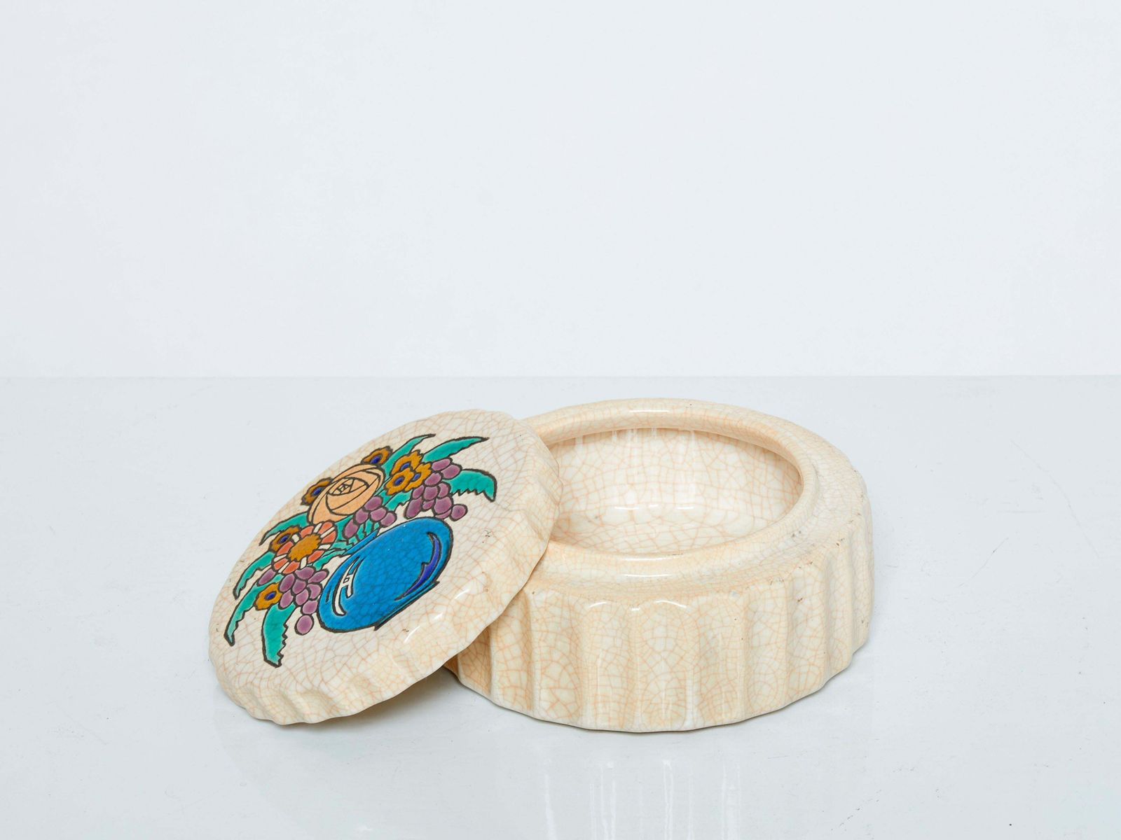 Large Round Flowers Cream Art Deco Box Emaux De Longwy, 1930 photo Home Decor