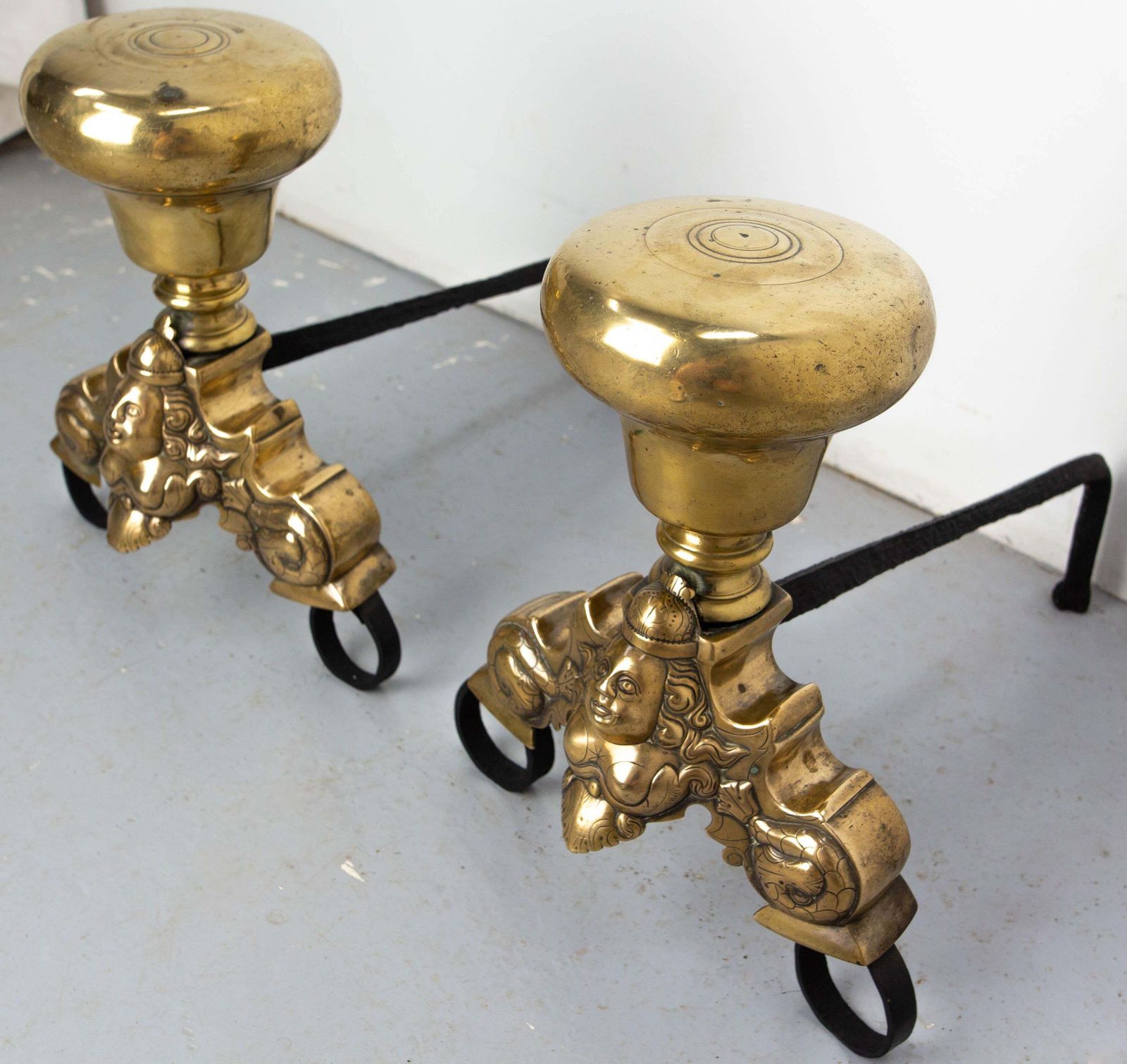 Pair Of Louis XV Siren Fire Dogs Wrought Iron Andirons, France, 18th Century photo vinterior