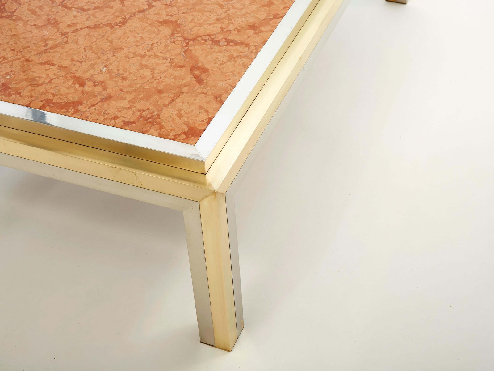 Italian Brass Chrome Red Marble Coffee Table Romeo Rega, 1970s photo vinterior