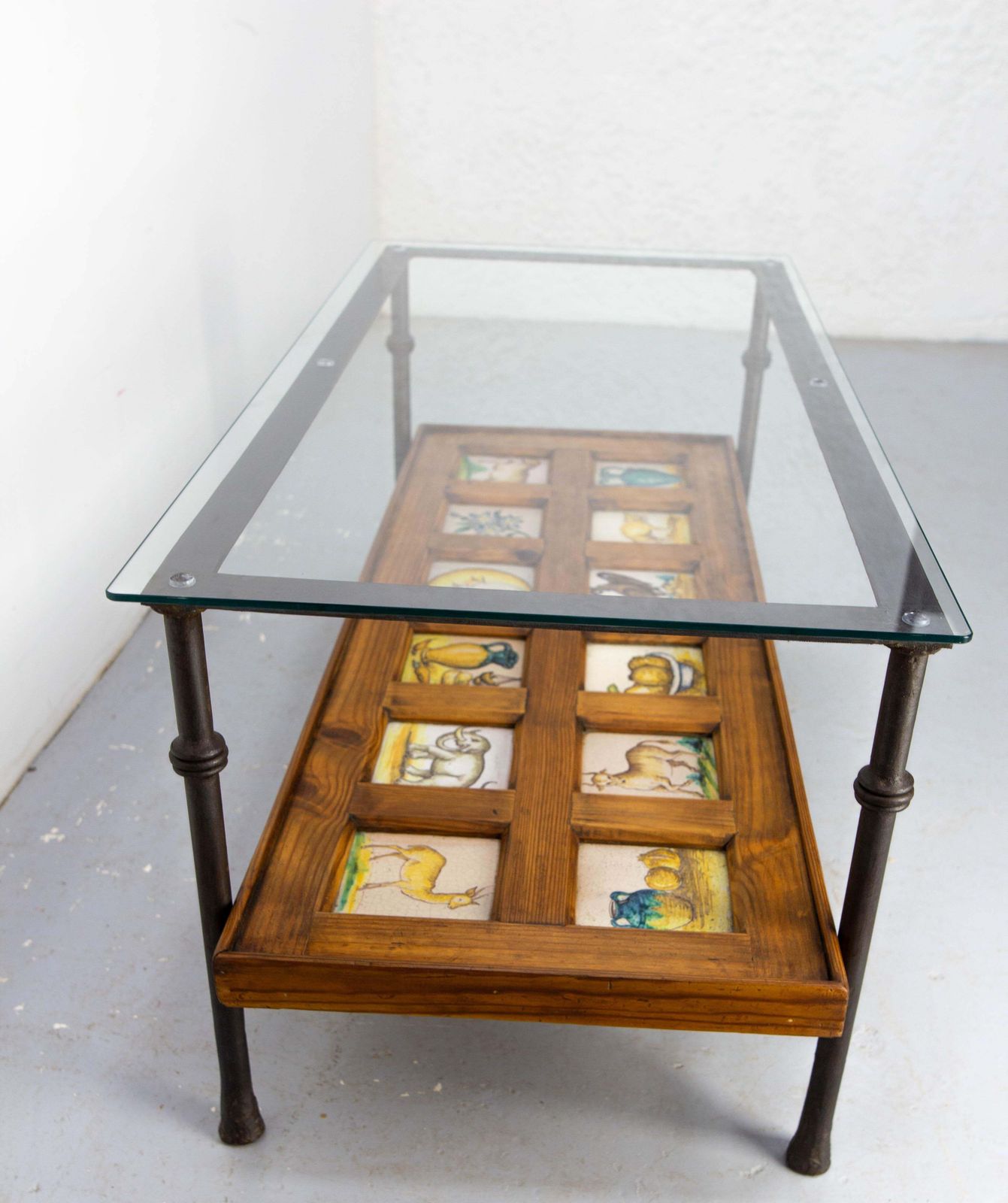 Spanish Wrought Iron Glass & Pine Coffee Table With 19thc Faience Circa 1960 photo Furniture