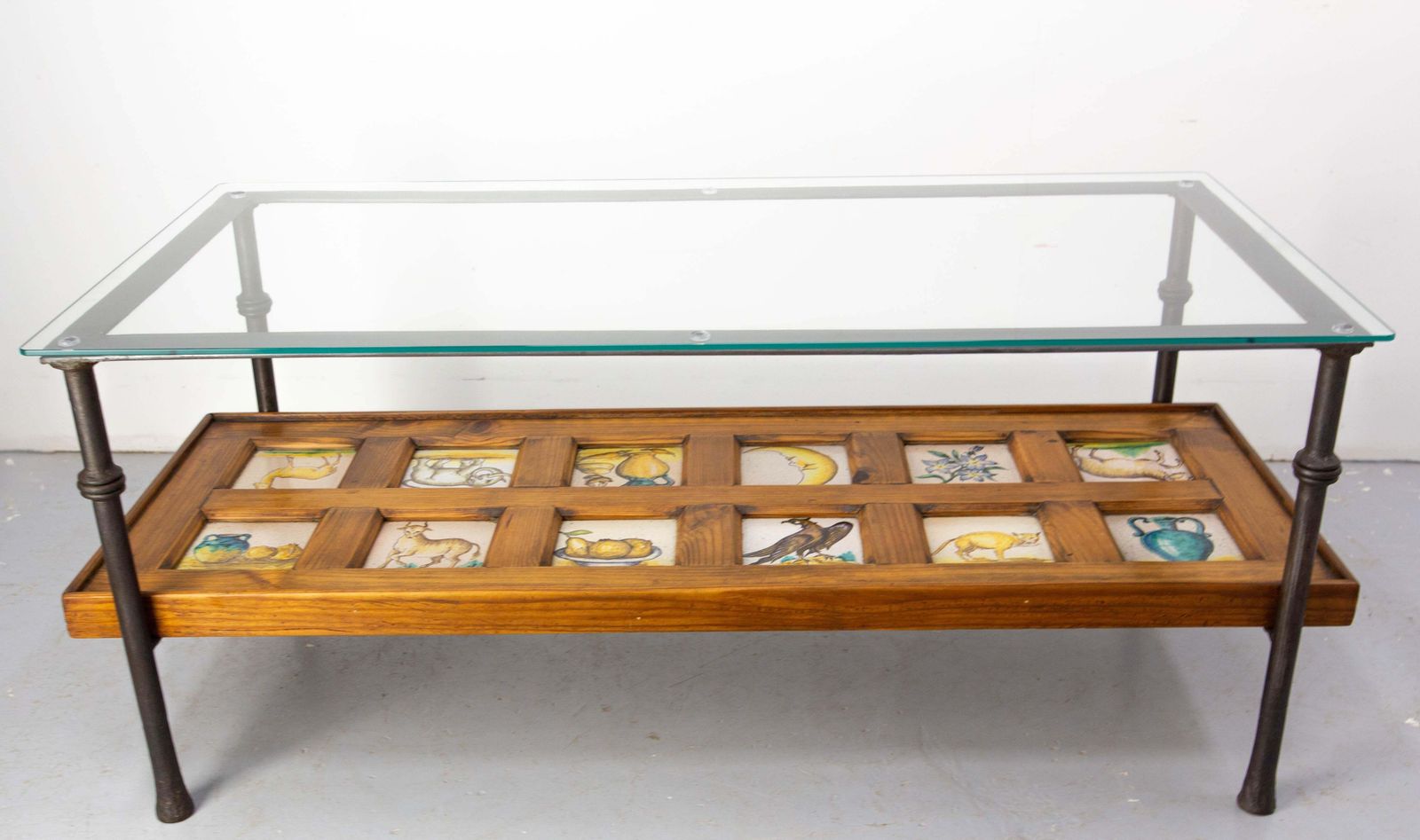 Spanish Wrought Iron Glass & Pine Coffee Table With 19thc Faience Circa 1960 photo vinterior
