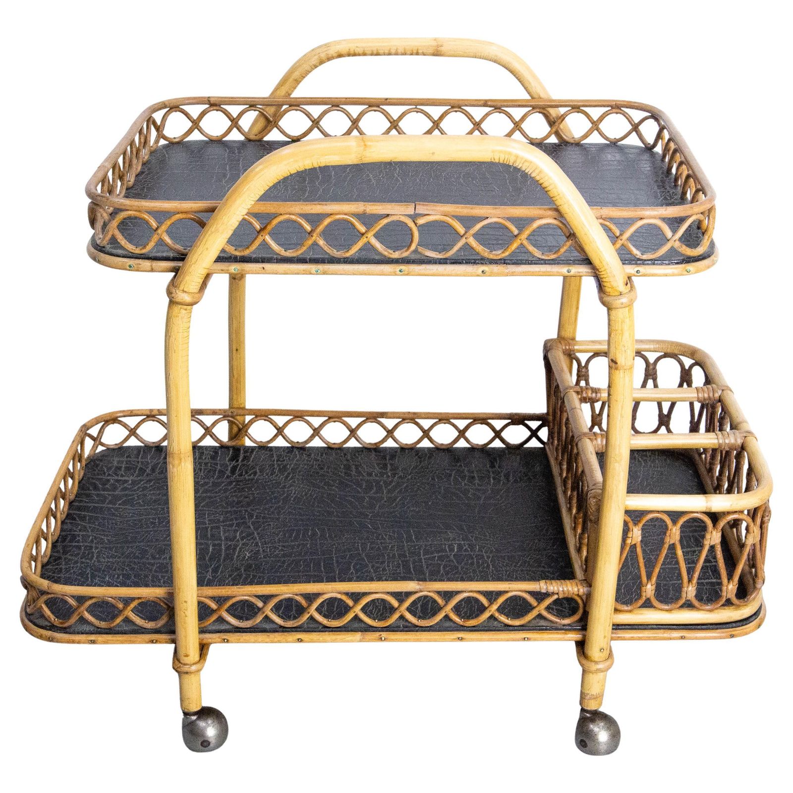 Midcentury Rattan And Skai Trolley Bar Cart, Circa 1950 photo furniture