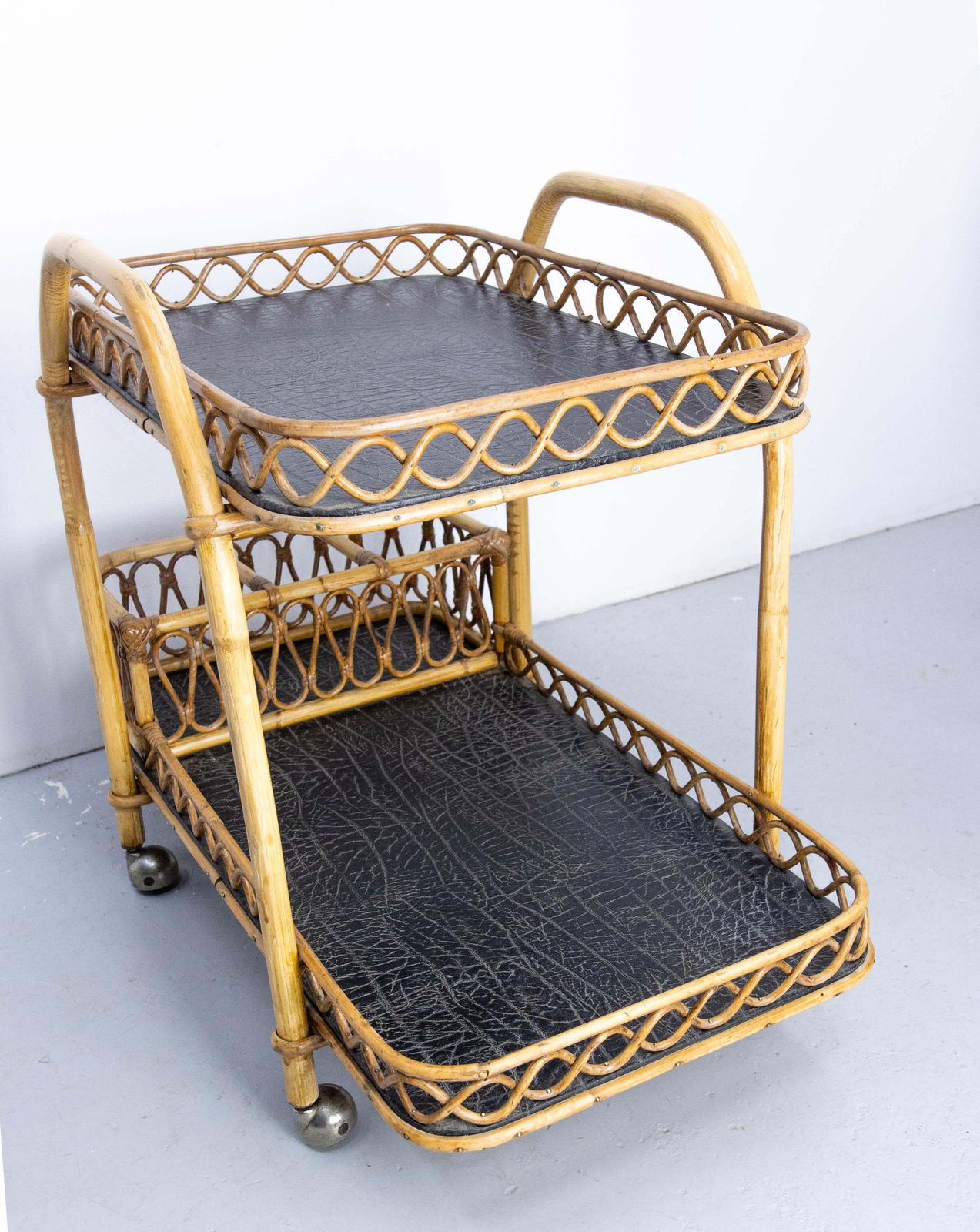 Midcentury Rattan And Skai Trolley Bar Cart, Circa 1950 photo vinterior