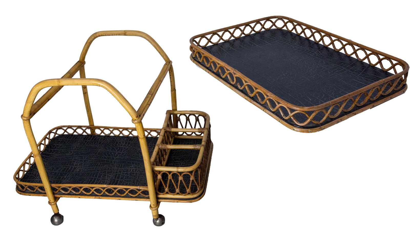 Midcentury Rattan And Skai Trolley Bar Cart, Circa 1950 photo vintage