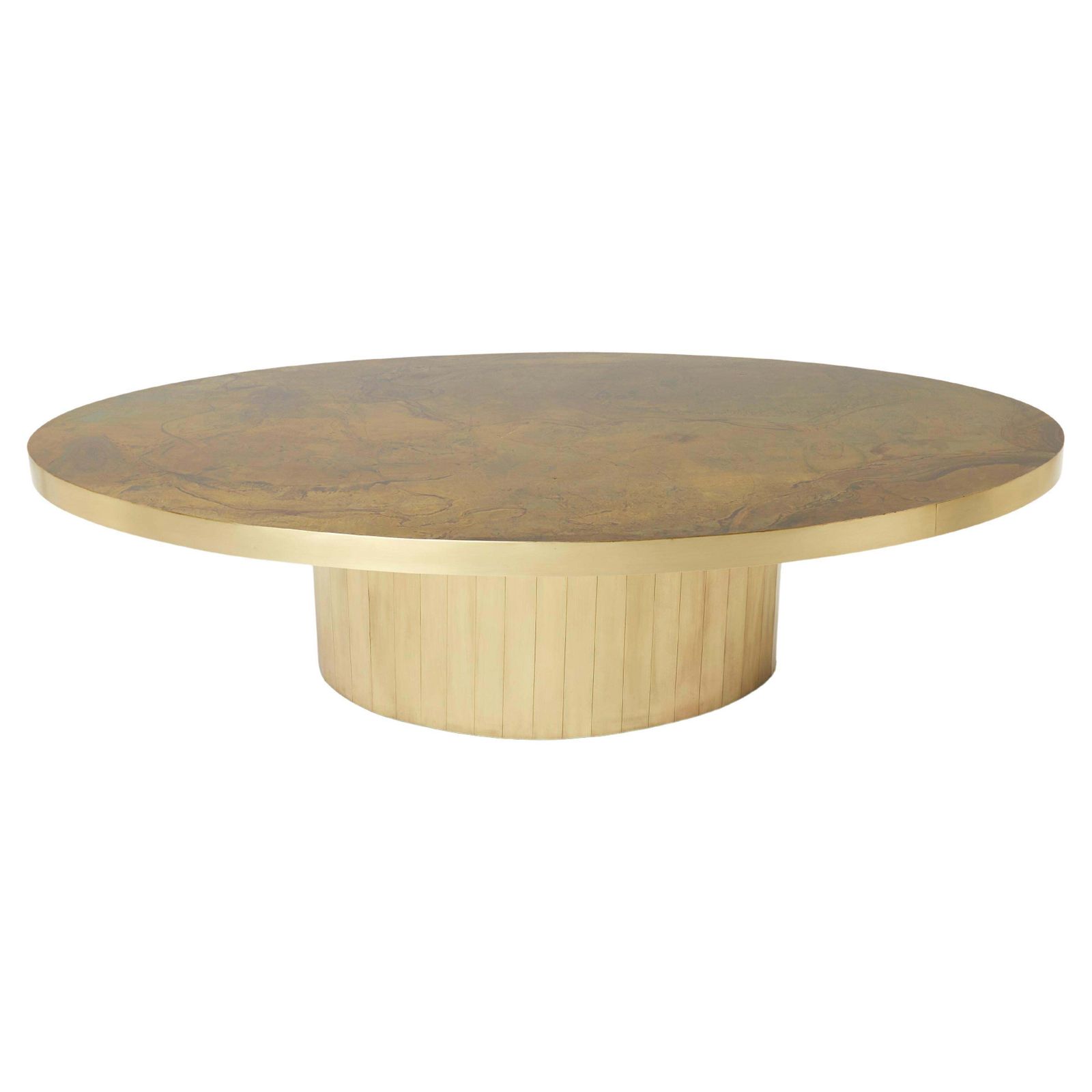Grande table basse ovale en laiton oxydé, par Isabelle et Richard Faure, années 1970