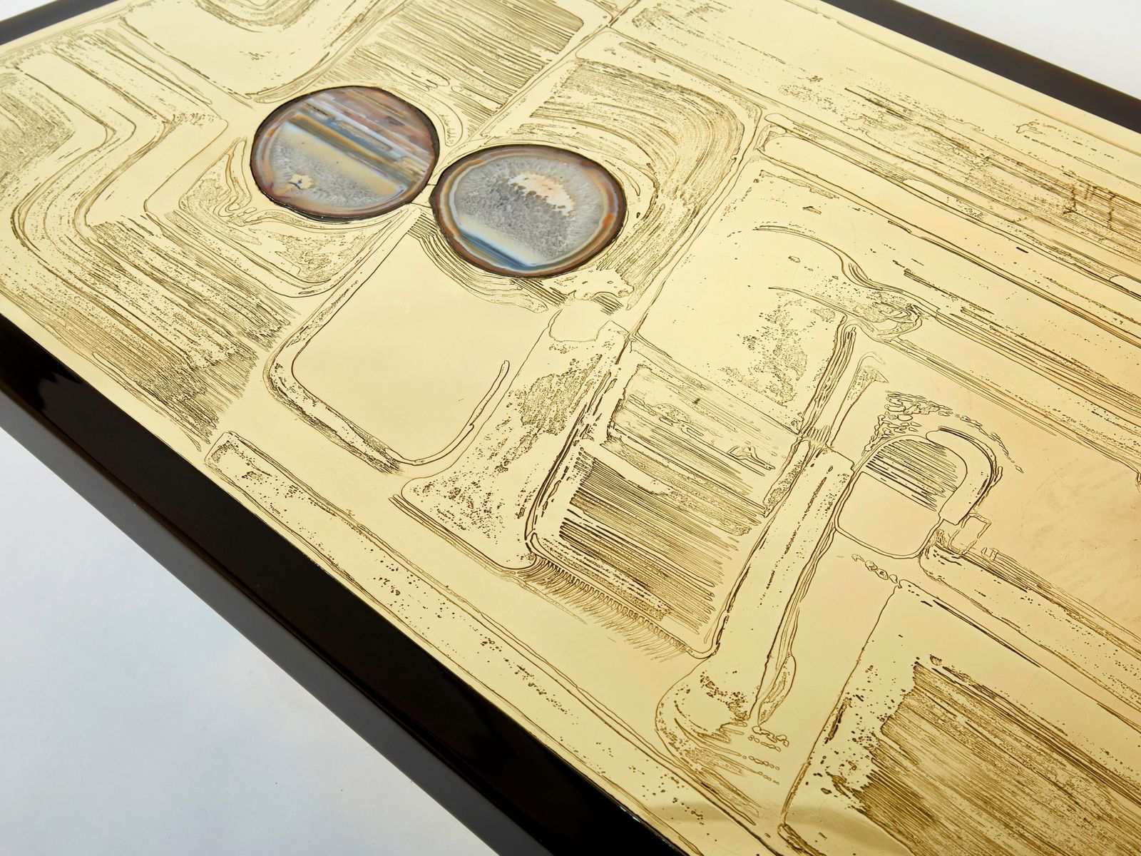 Table basse belge en laiton gravé avec agates, signée Christian Krekels, 1979 photo Mobilier