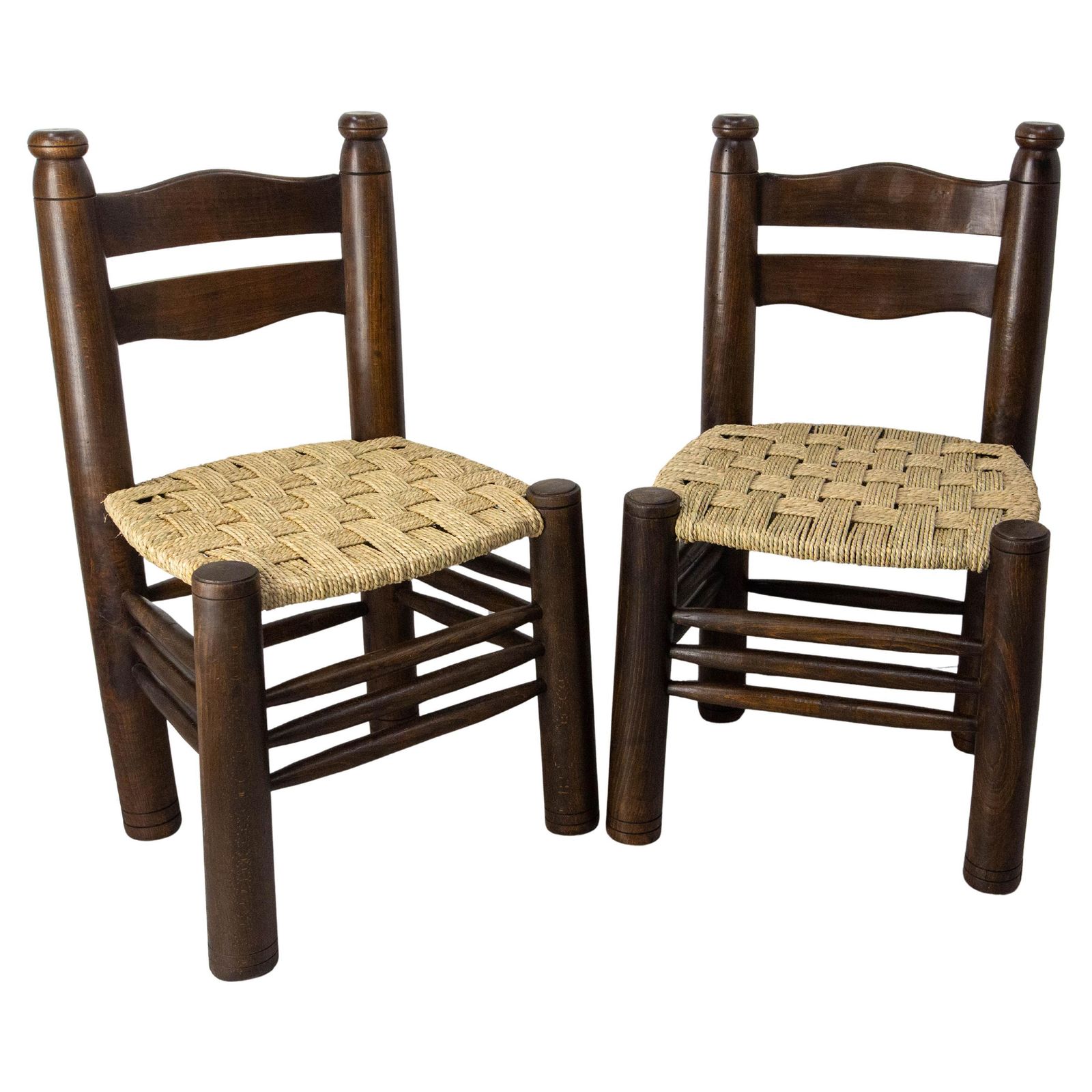 French Pair Of Ash Wood & Straw Chairs By Dudouyt, Circa 1940