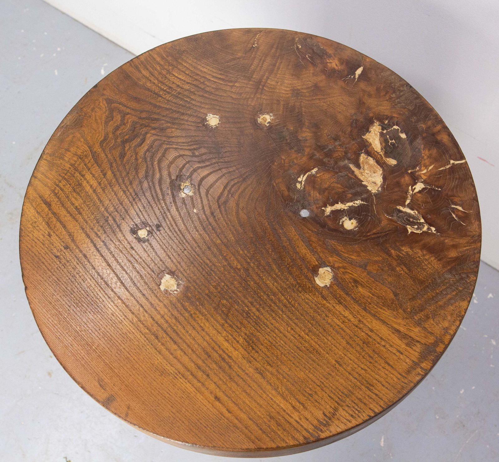 French Brutalist Side Table Elm Wood Hubs Pedestal, Circa 1940 photo 1062.0