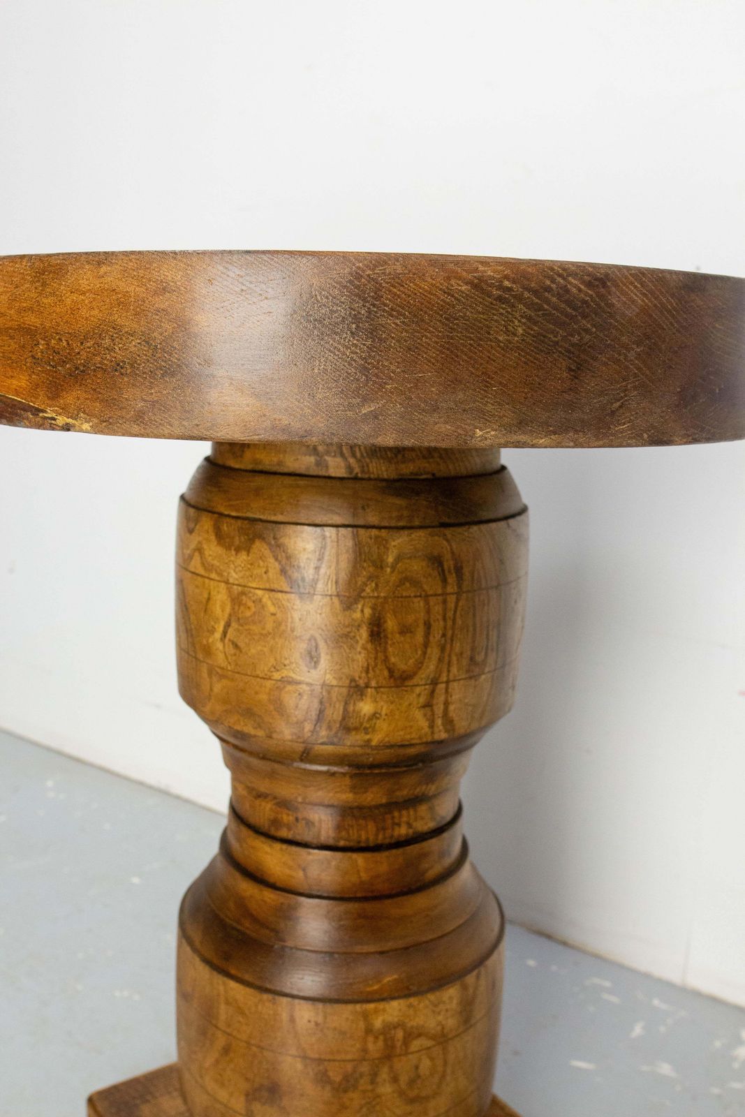 French Brutalist Side Table Elm Wood Hubs Pedestal, Circa 1940 photo buy